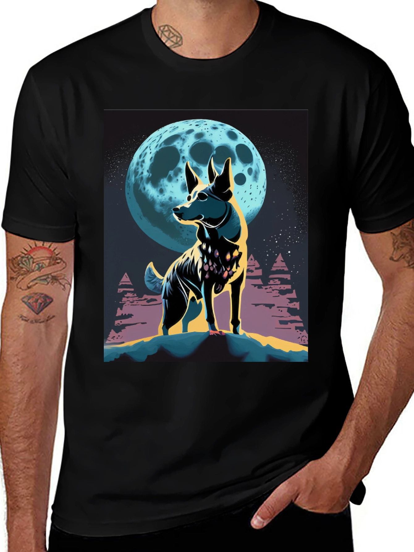 Variant 29 of Dog Moon Graphic Tee - Stylish Men's Black T-Shirt