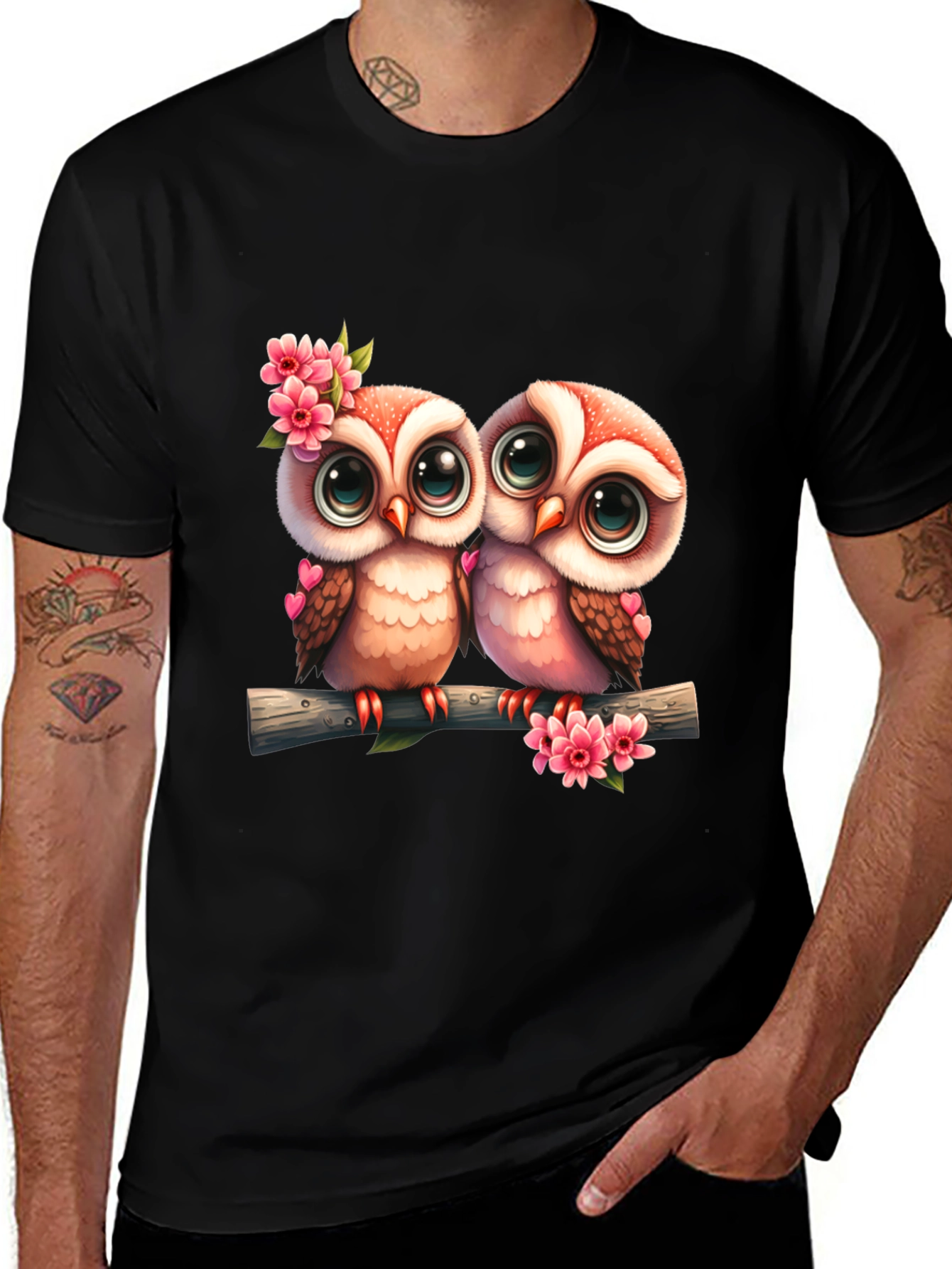 Black Owl Love Tee: Cute Cartoon Owls on Branch T-Shirt main image
