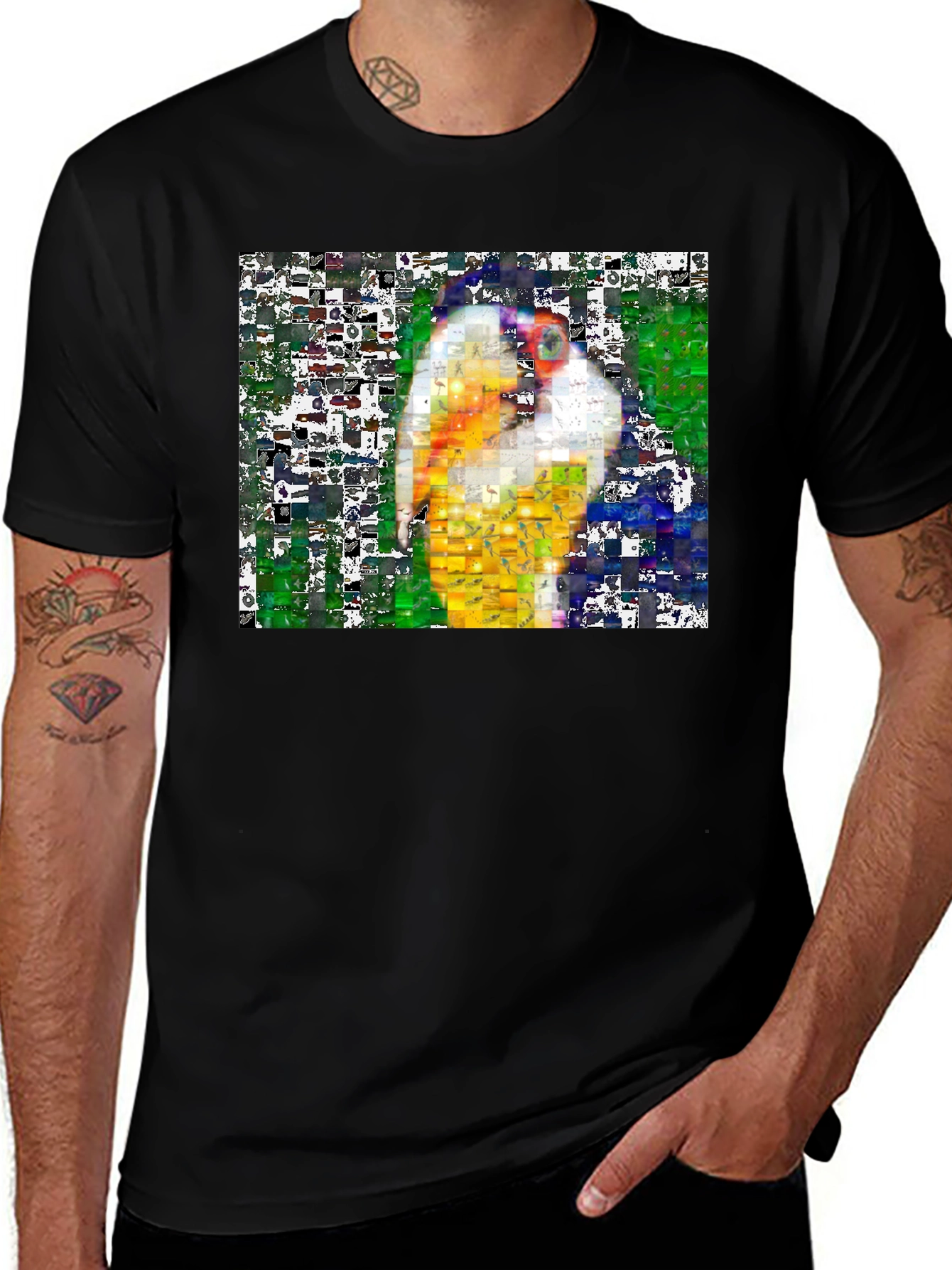 Variant 12 of Abstract Bird Mosaic Print Black Tee