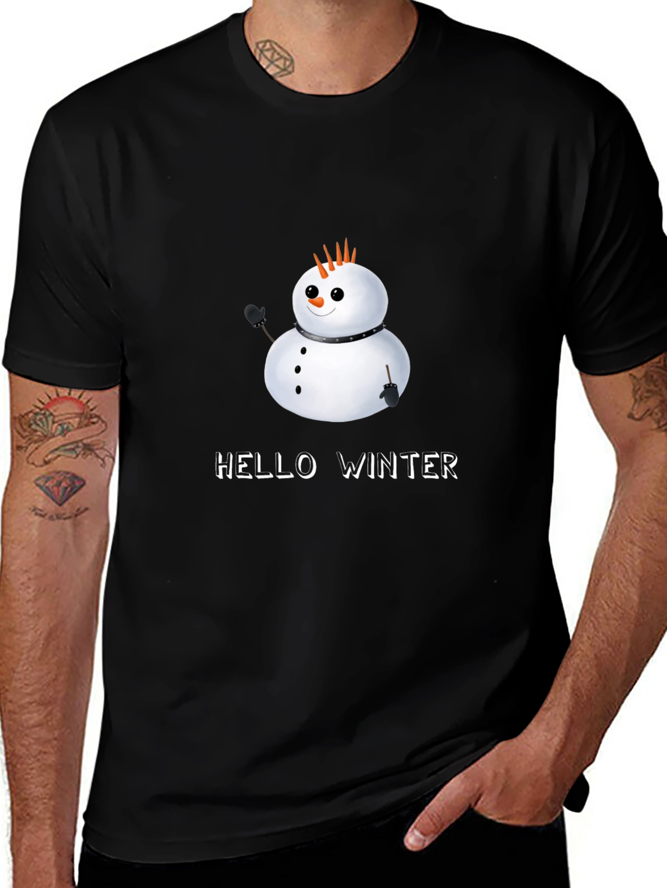 Variant 27 of Hello Winter Snowman Black T-Shirt