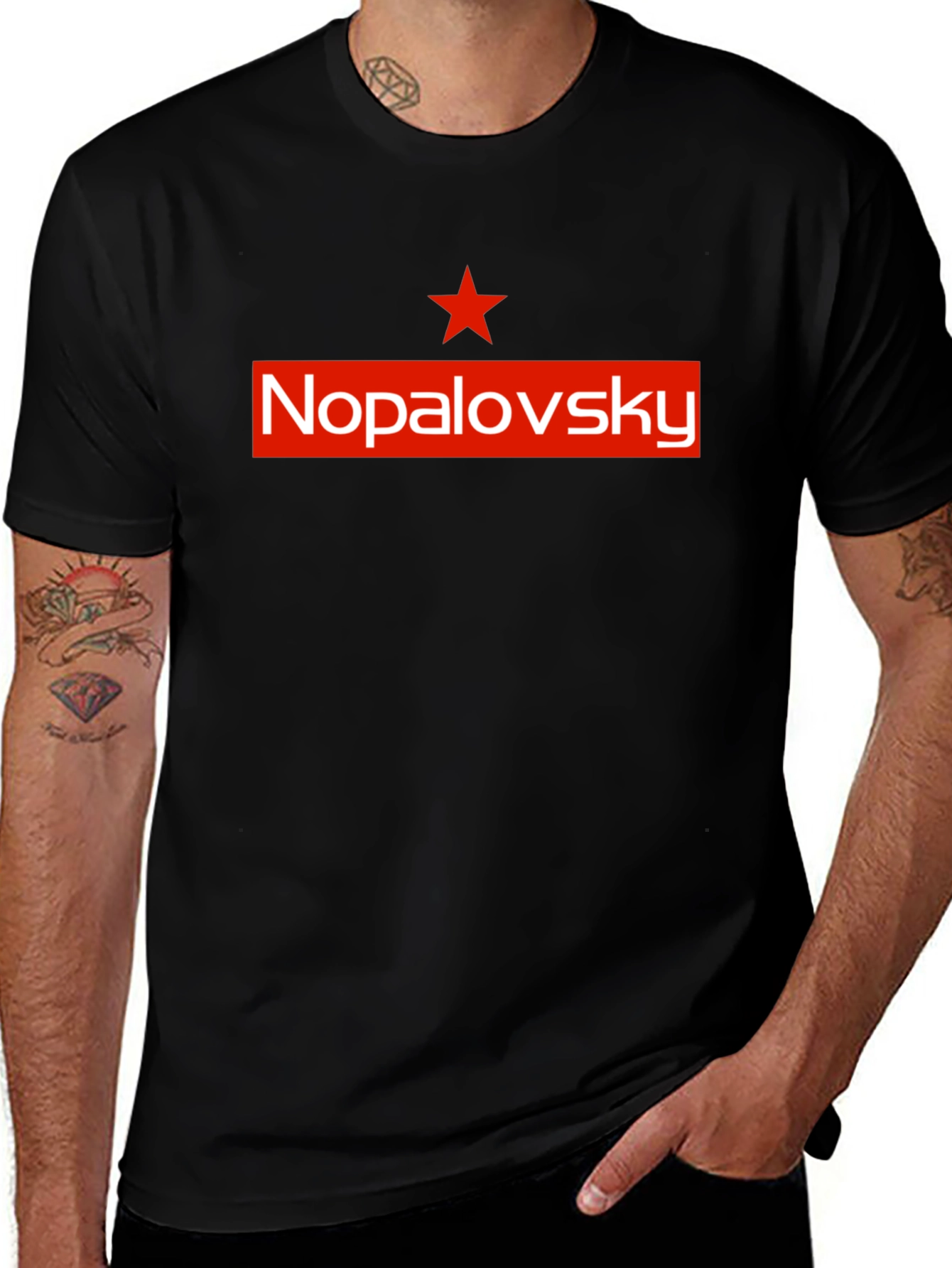 Variant 7 of Nopalovsky Graphic Tee - Red Star & Text Design, Black T-Shirt
