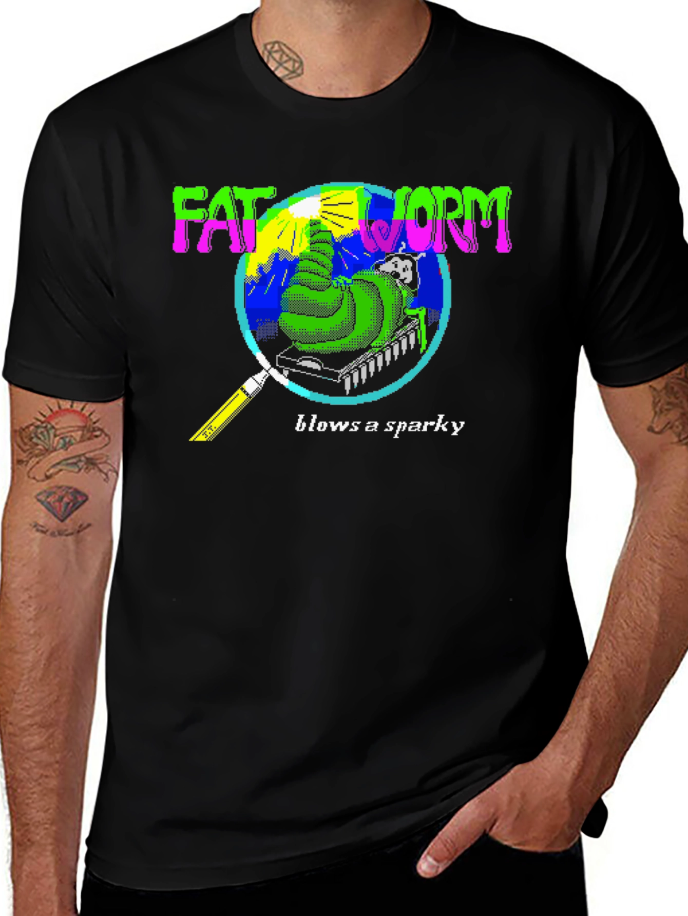 Fat Worm Blows a Sparky Black T-Shirt