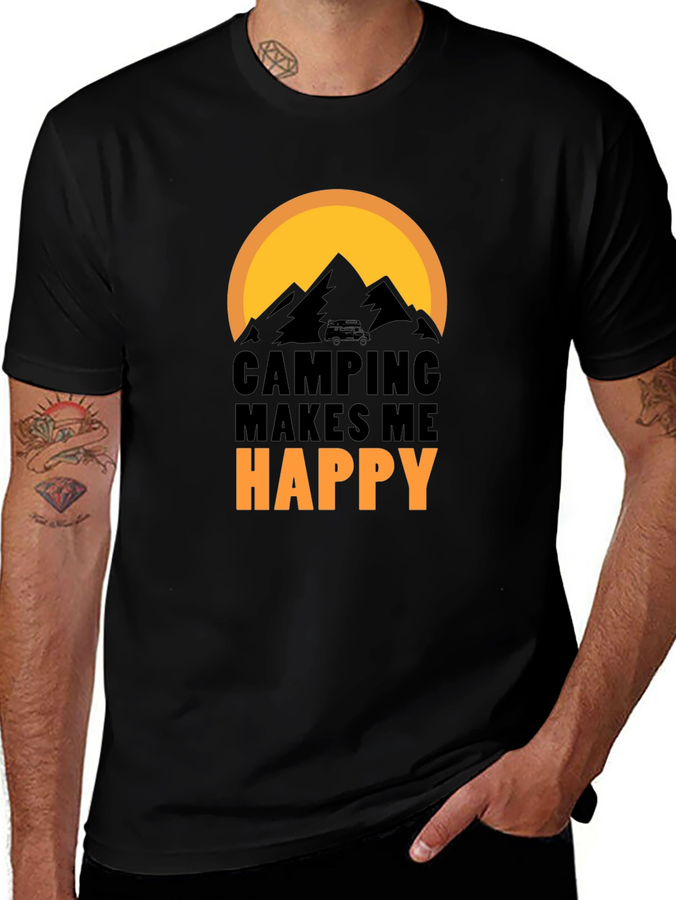 Variant 24 of Camping Makes Me Happy Graphic Tee - Black Cotton T-Shirt