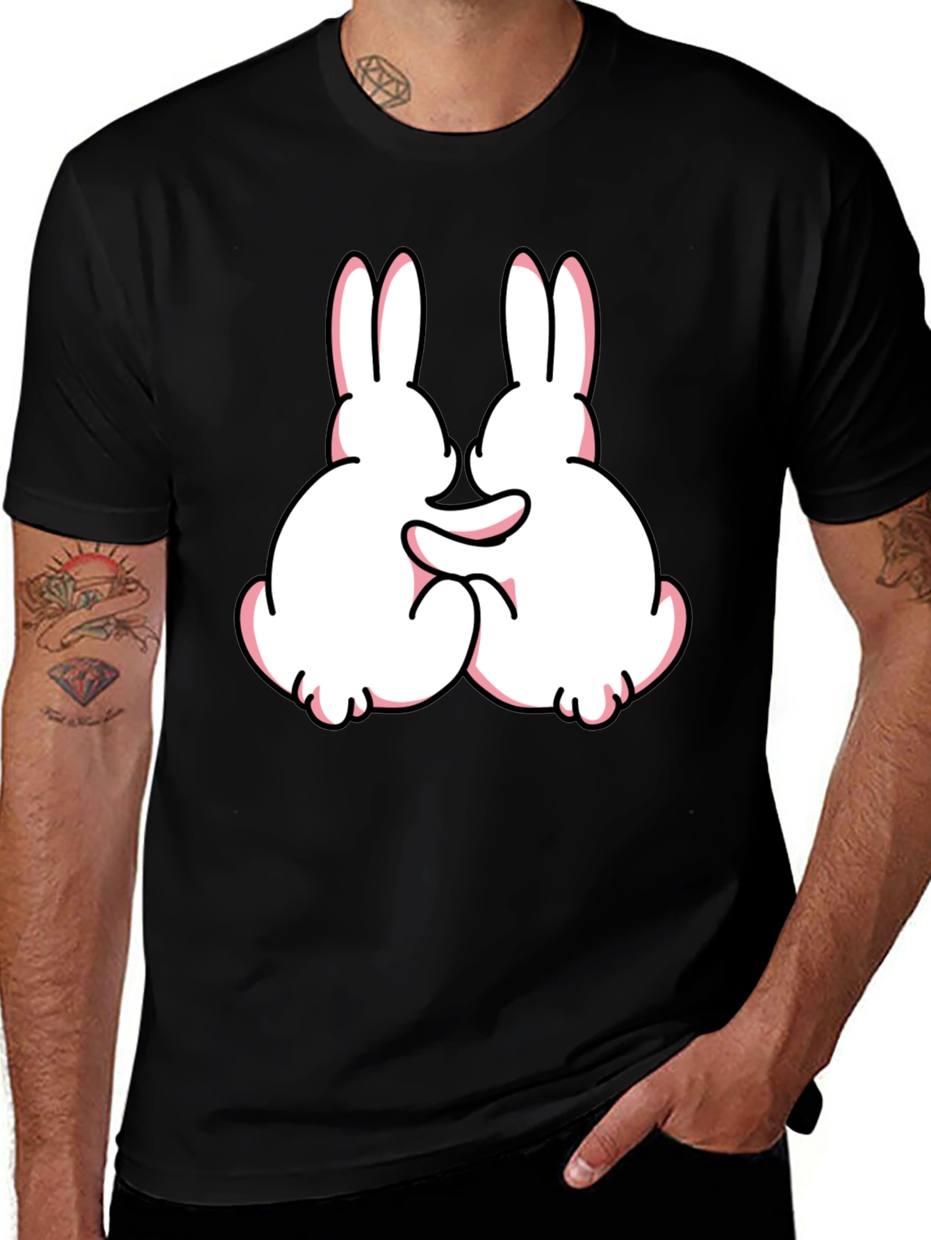 Variant 19 of Cute Bunny Graphic Tee - Black Cotton Blend Casual Shirt