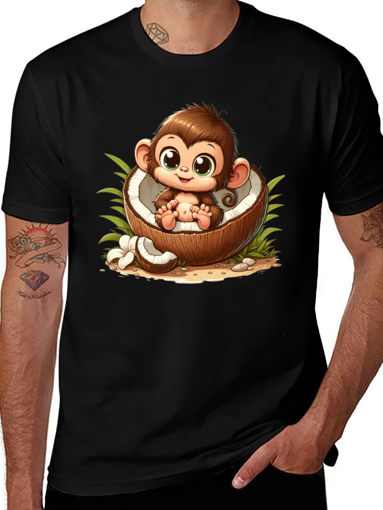 Variant 11 of Cute Monkey in Coconut Black T-Shirt