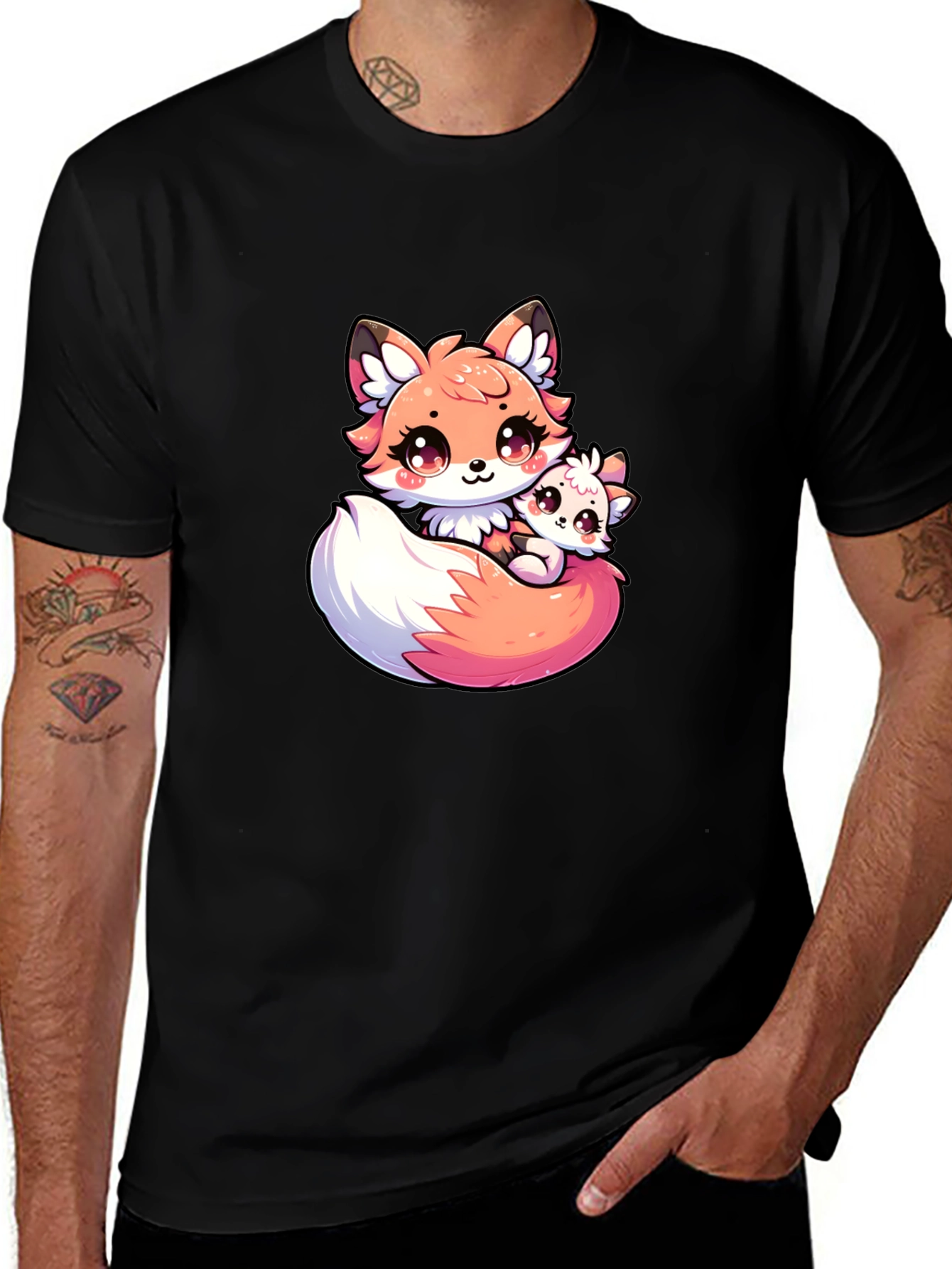 Variant 17 of Cute Fox and Cub Black T-Shirt