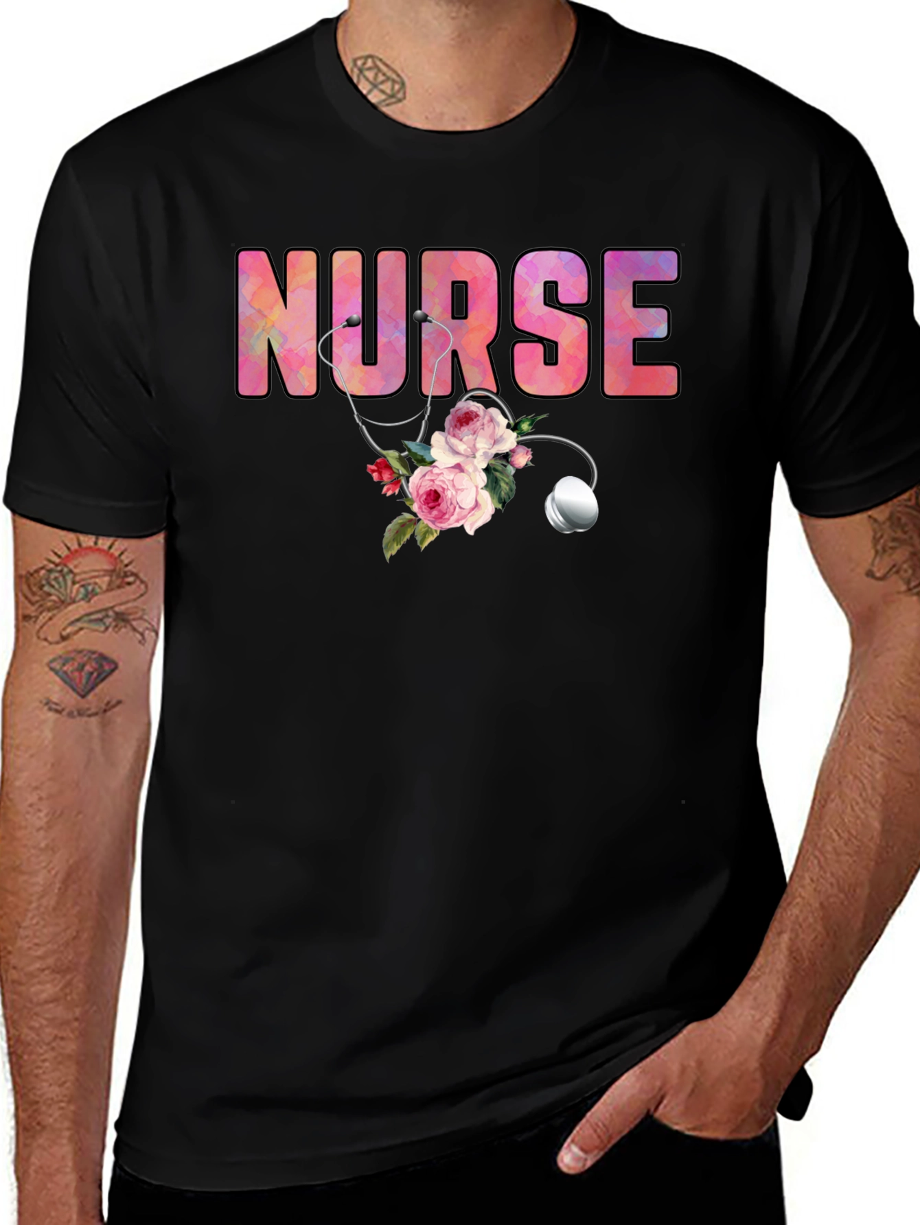 Variant 25 of Floral Nurse T-Shirt with Stethoscope - Stylish Medical Apparel