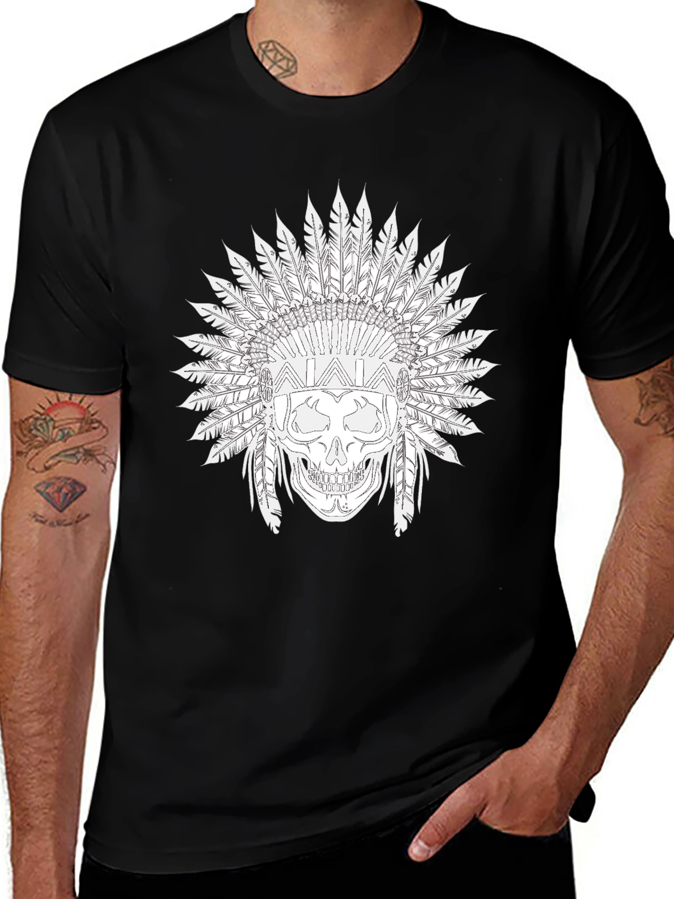 Variant 15 of Black Skull T-Shirt with Feather Headdress Design