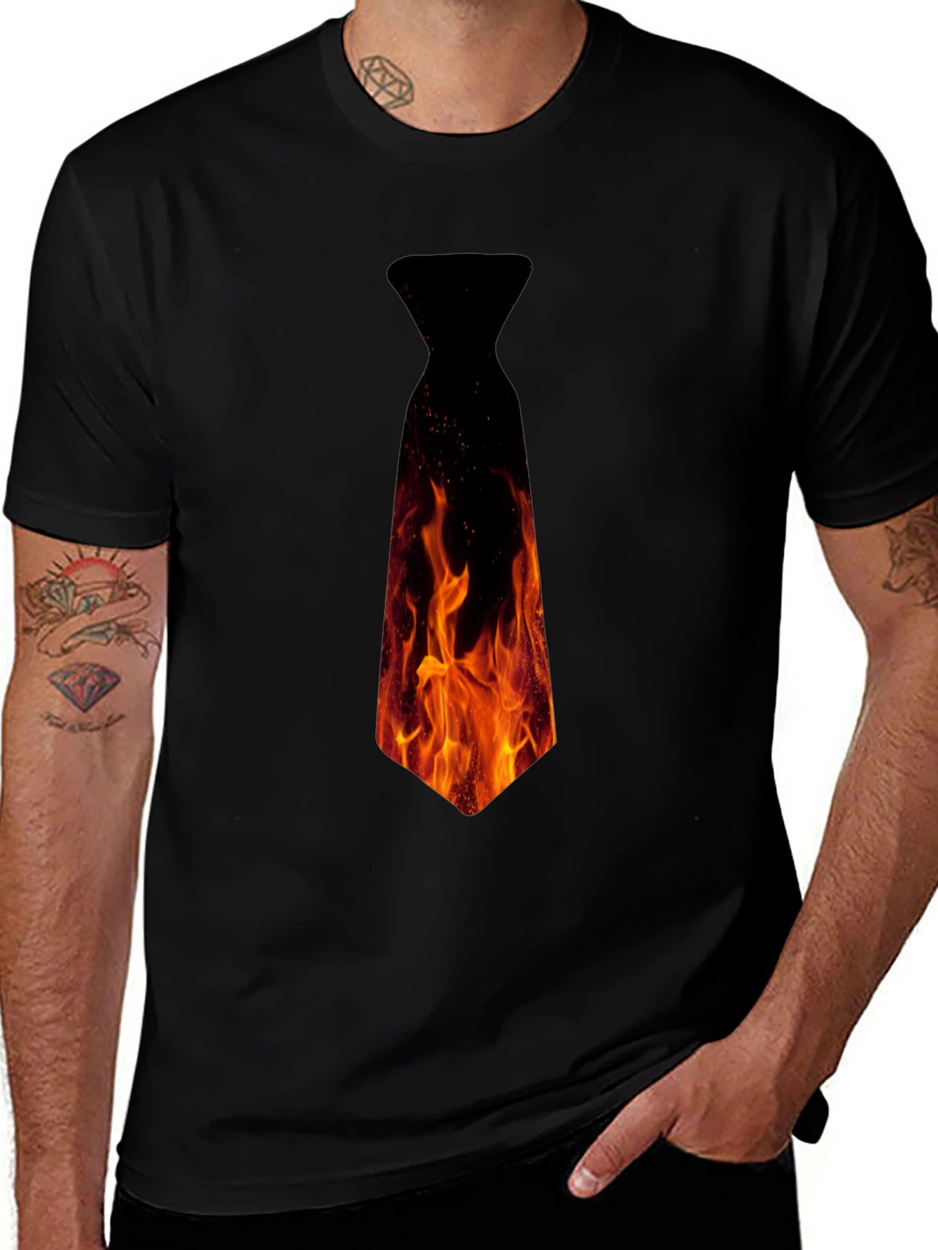 Black Fiery Necktie Graphic Tee - Black Cotton T-Shirt main image
