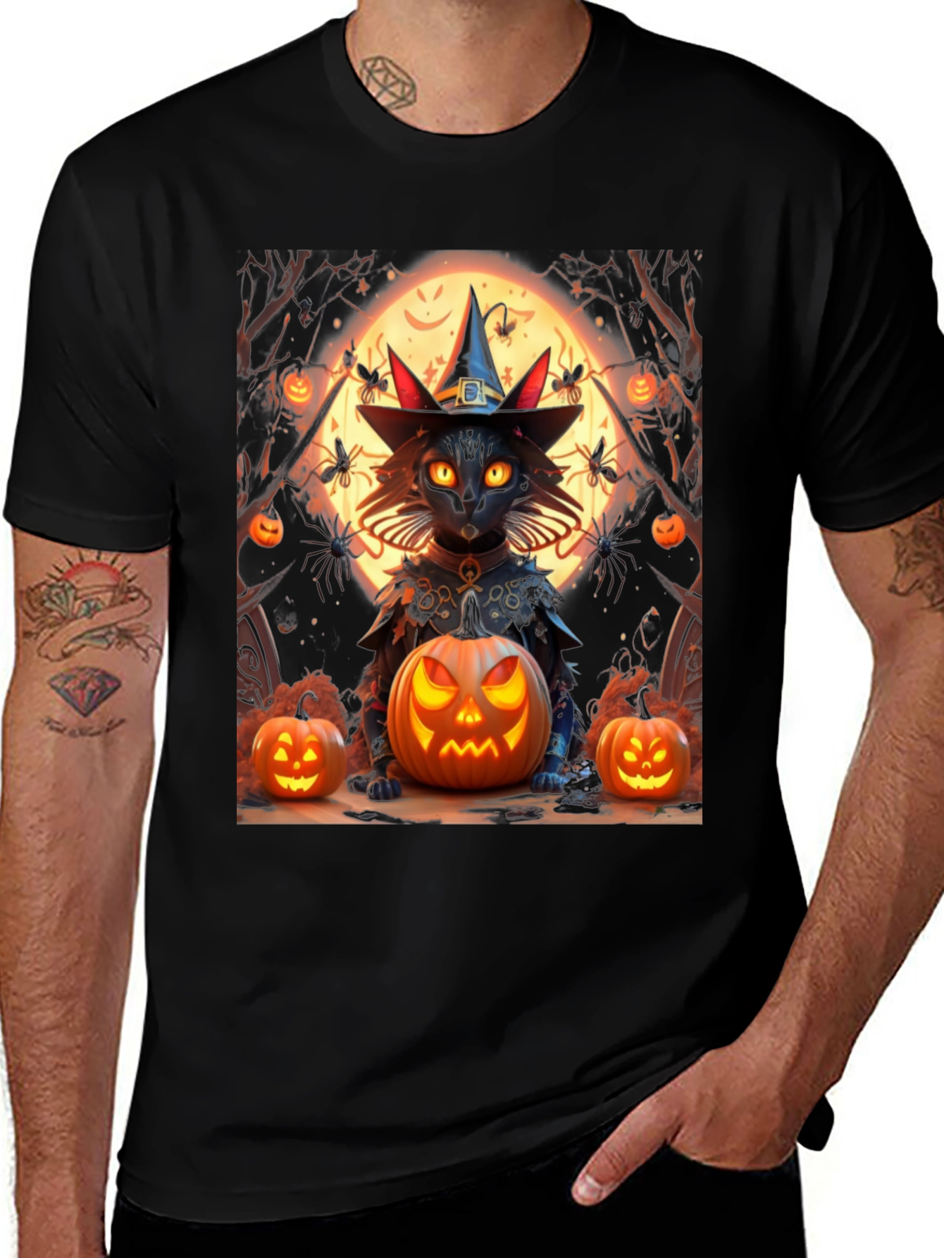 Variant 17 of Halloween Cat T-Shirt - Spooky Witch Pumpkin Design