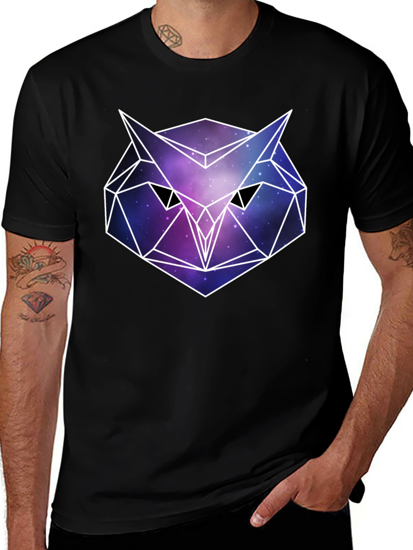 Variant 26 of Geometric Owl Galaxy Print Black T-Shirt