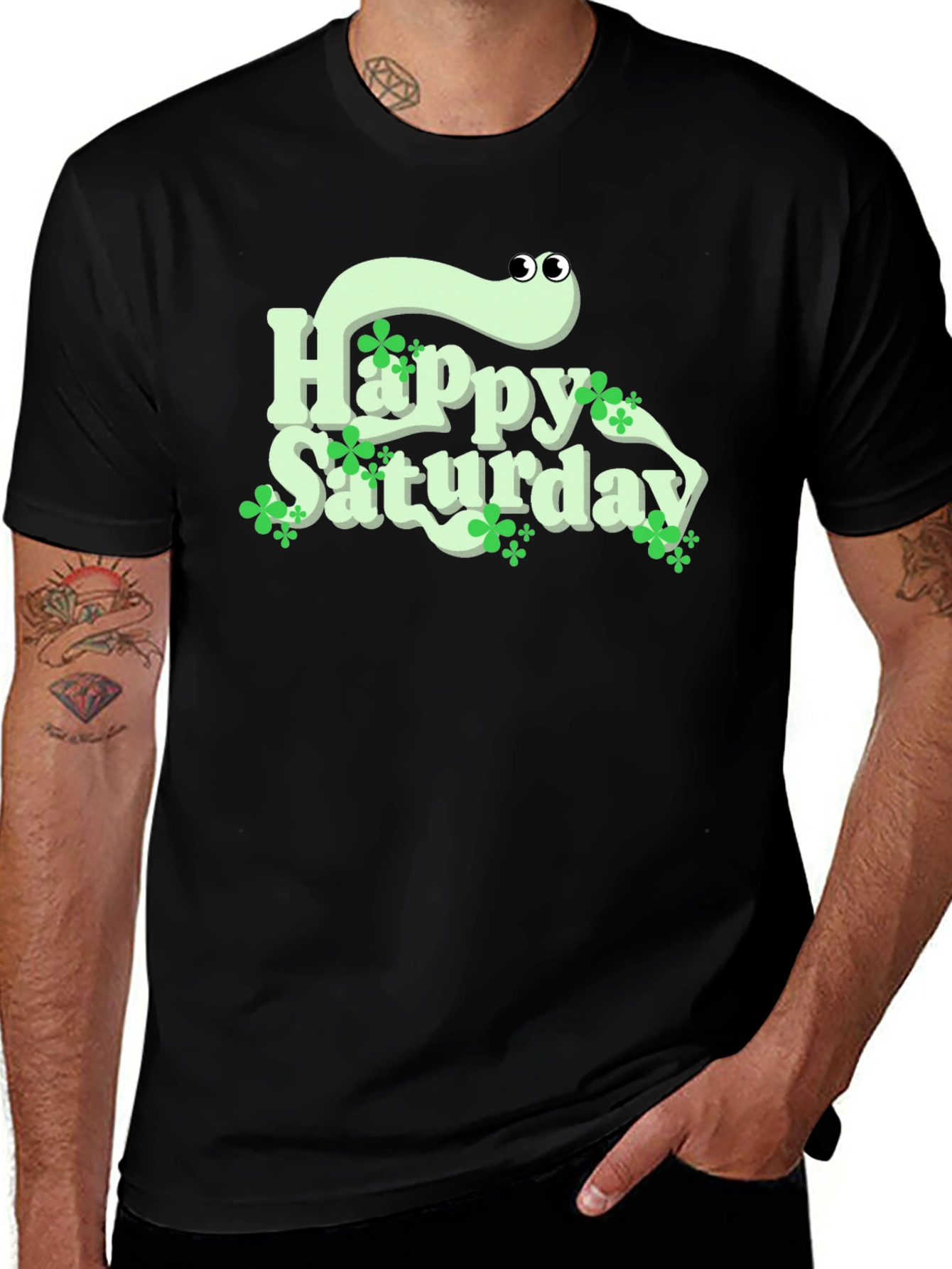 Happy Saturday Worm Graphic Black T-Shirt