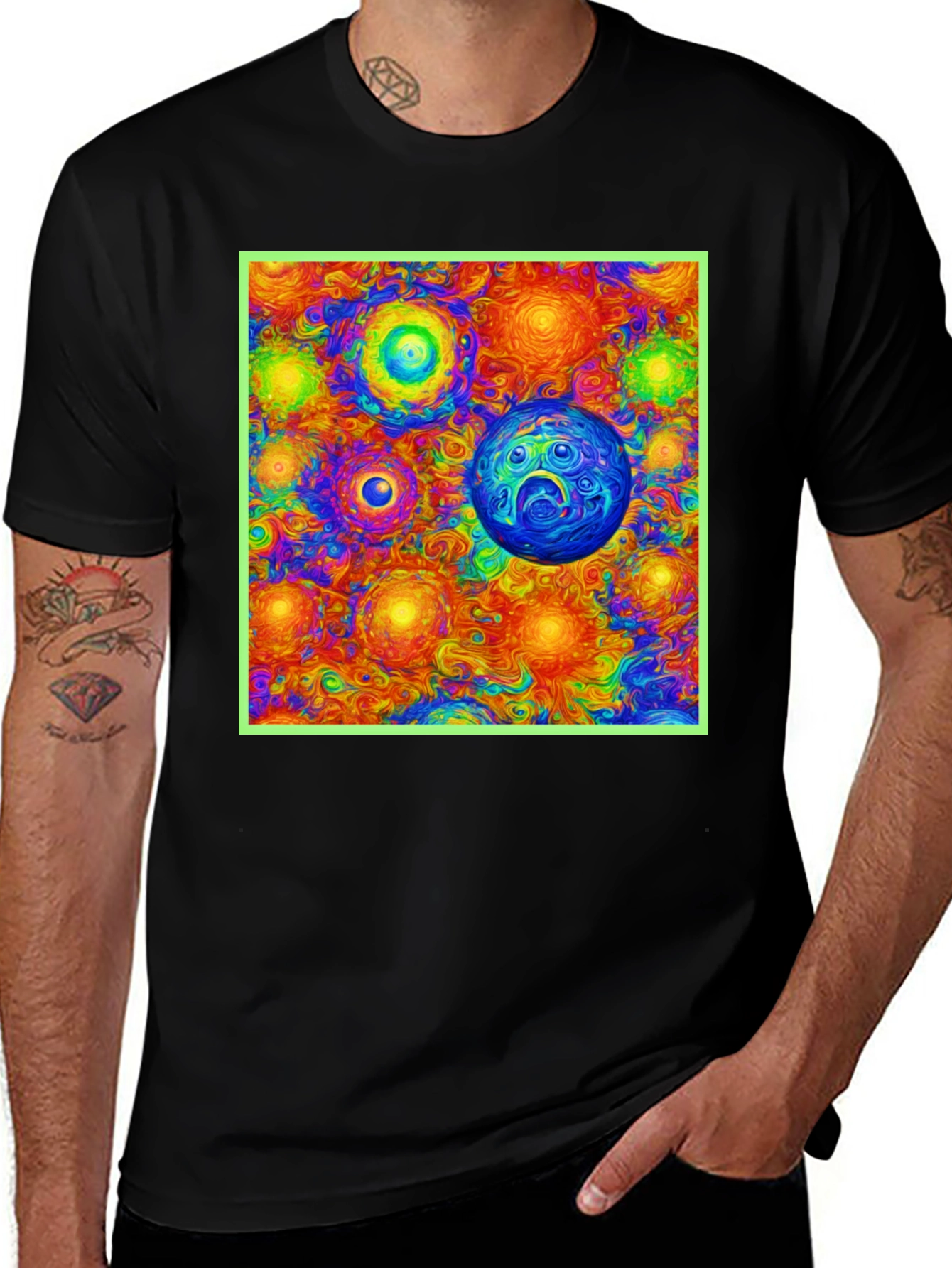 Variant 23 of Vibrant Cosmic Print Tee - Black Cotton Blend