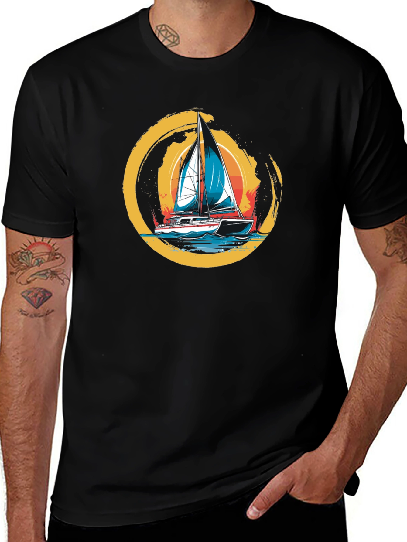 Sailboat Graphic Tee - Black Cotton T-Shirt