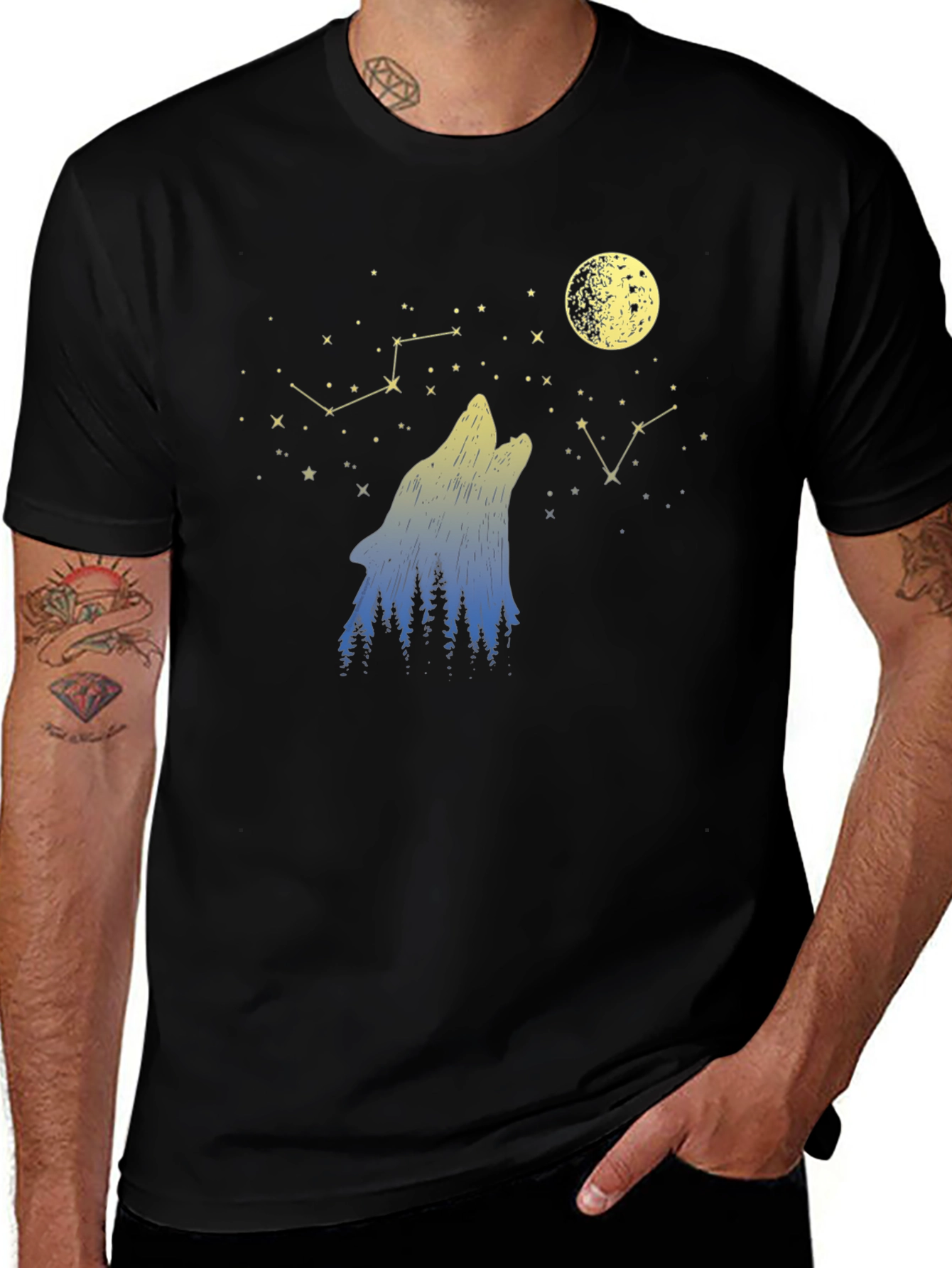 Wolf Moon Stars Black Graphic Tee