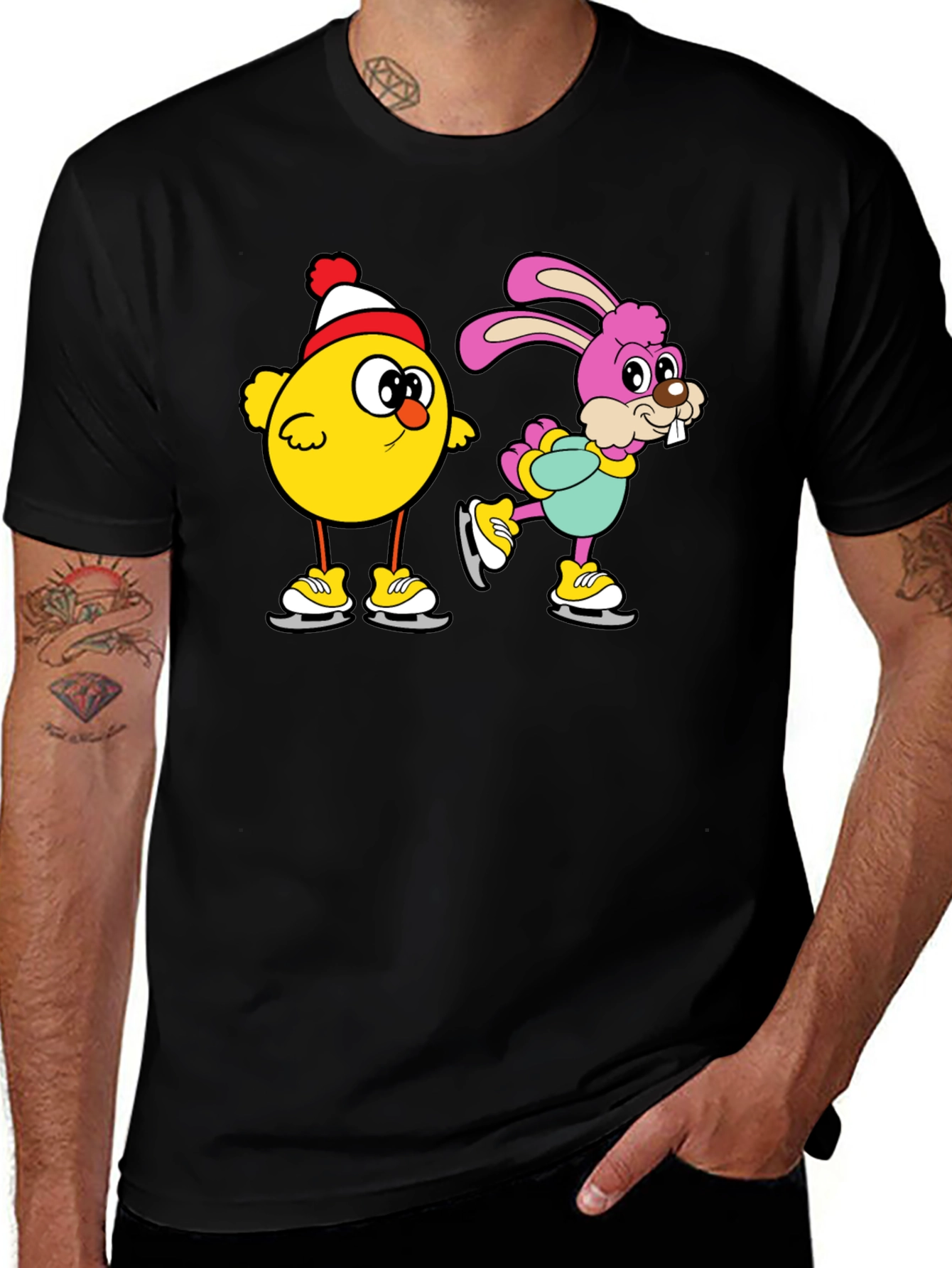 Variant 30 of Cartoon Chick and Bunny Ice Skating Black T-Shirt