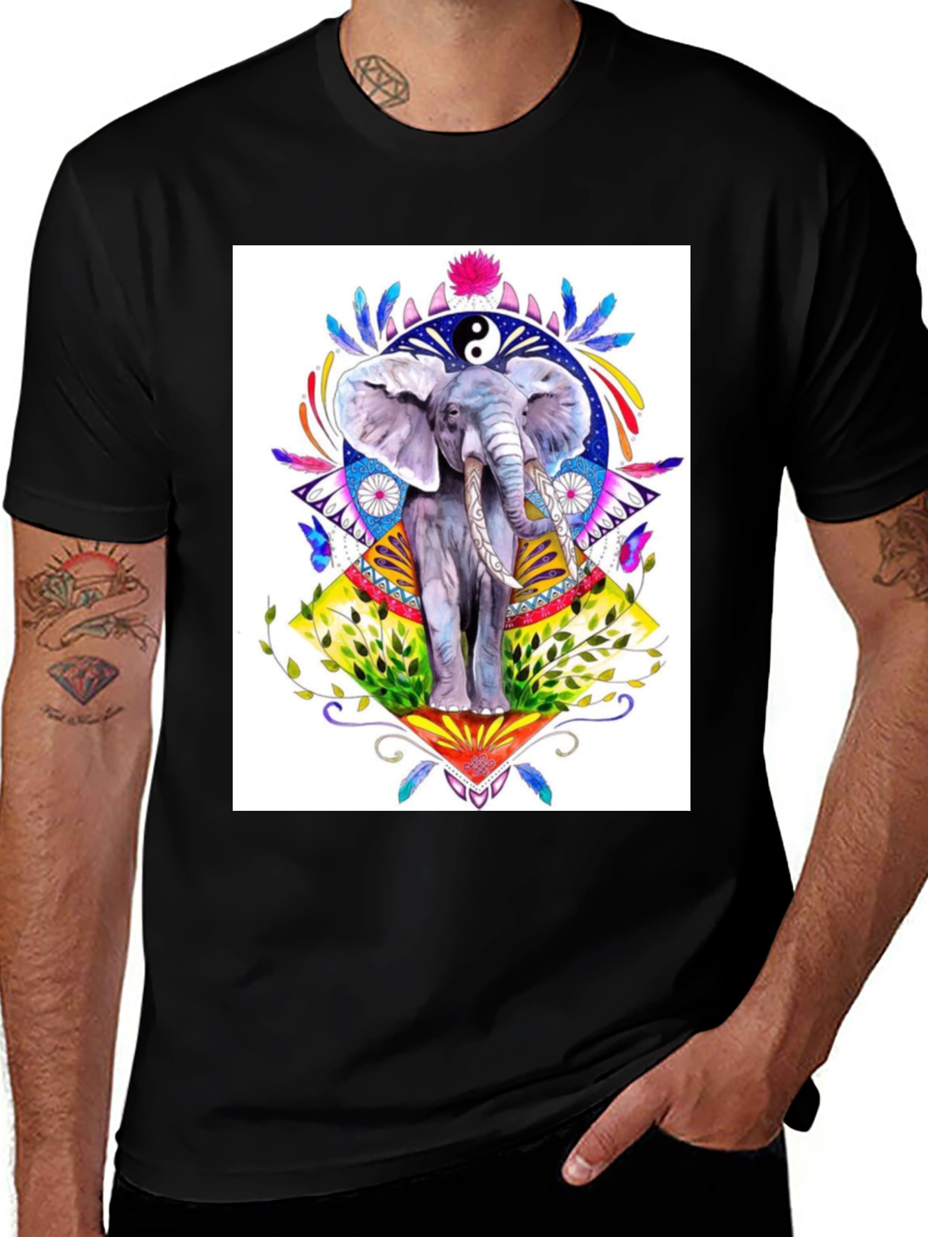 Variant 19 of Elephant Yin Yang Graphic Print Black T-Shirt