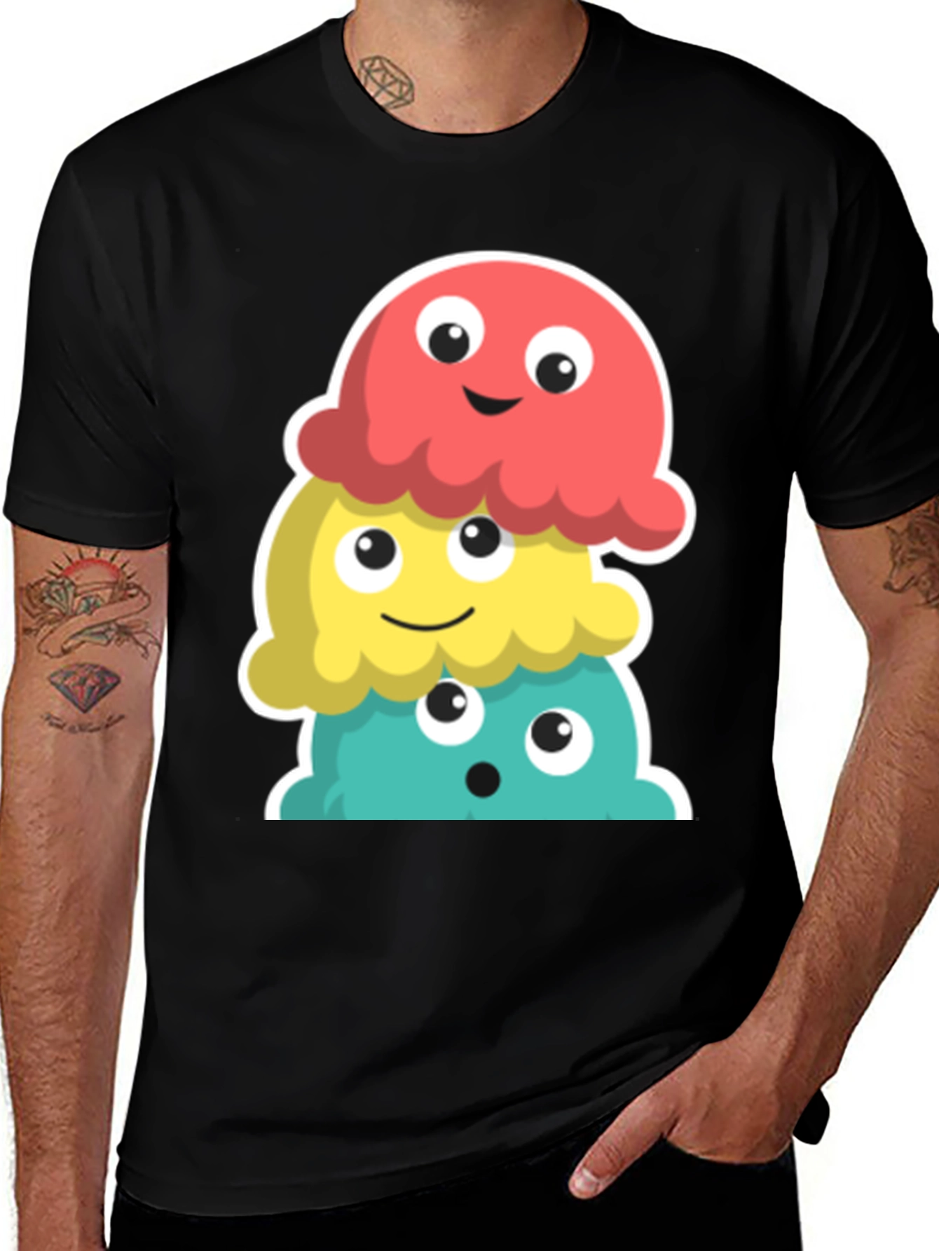 Variant 7 of Cartoon Ice Cream Stack Graphic T-Shirt - Black