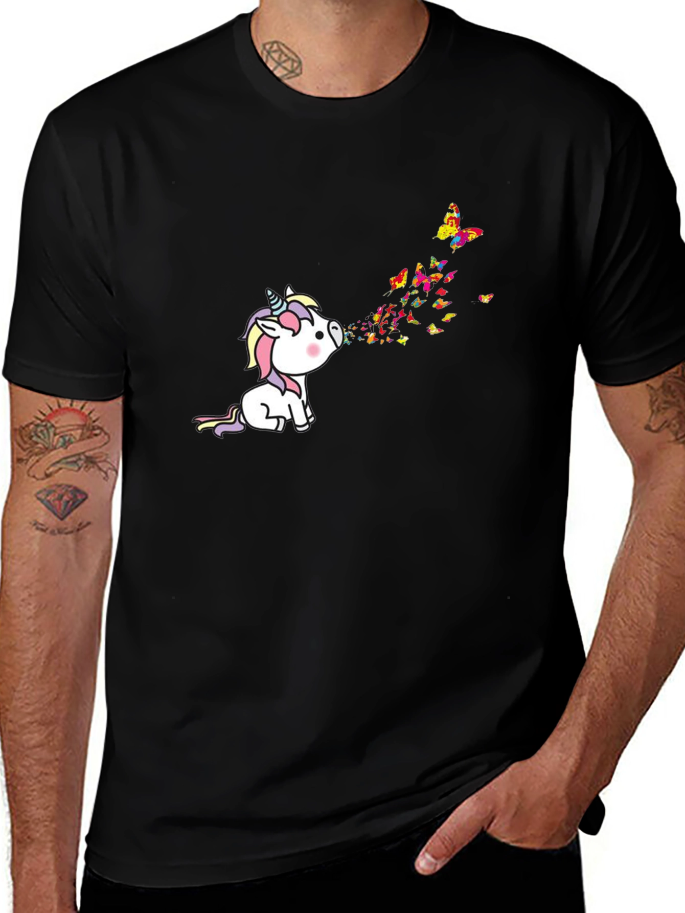 Variant 19 of Unicorn Butterfly Rainbow T-Shirt - Men's Black Tee