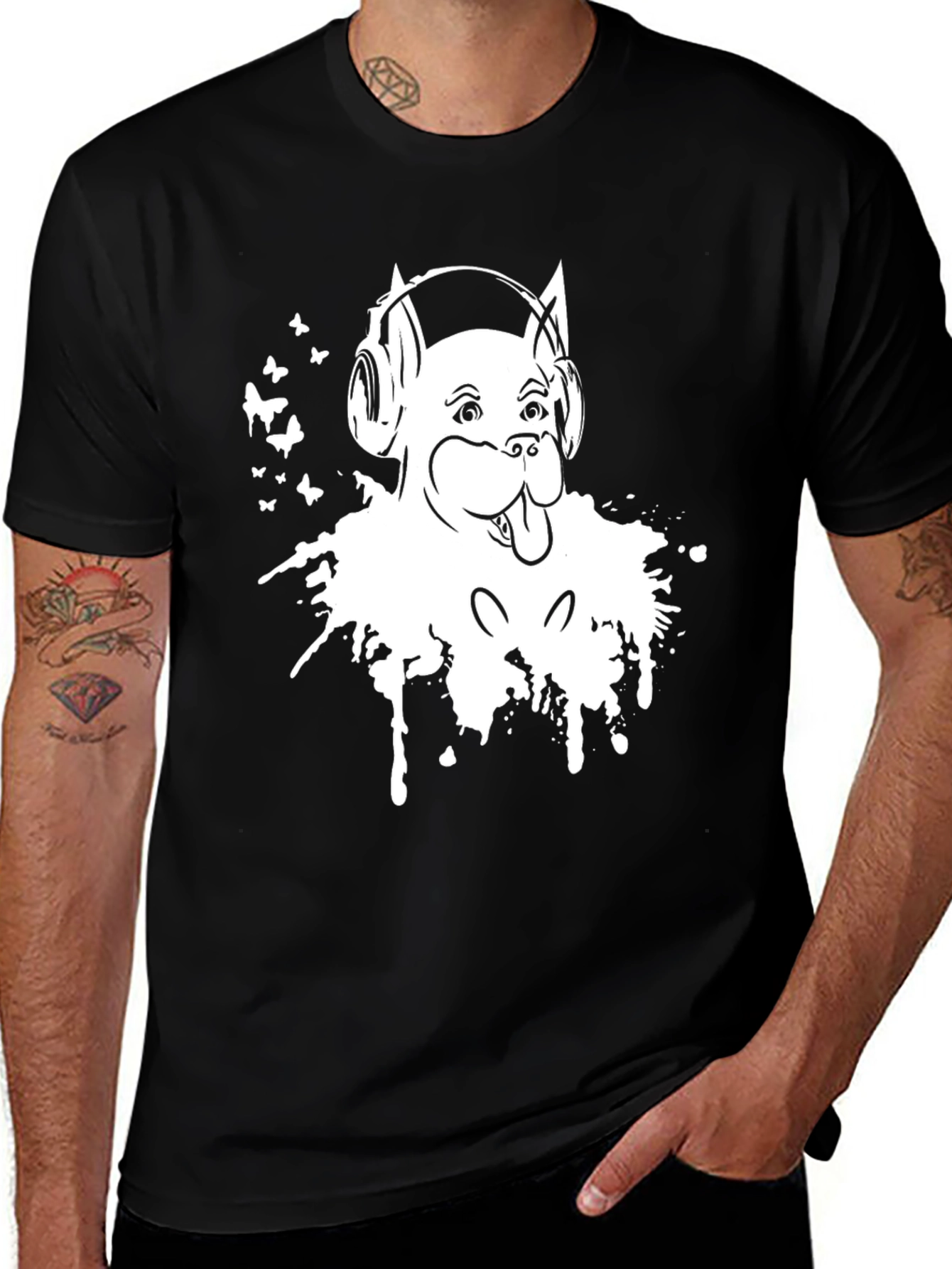 Variant 20 of Dog with Headphones Black T-Shirt - Cool Graphic Tee