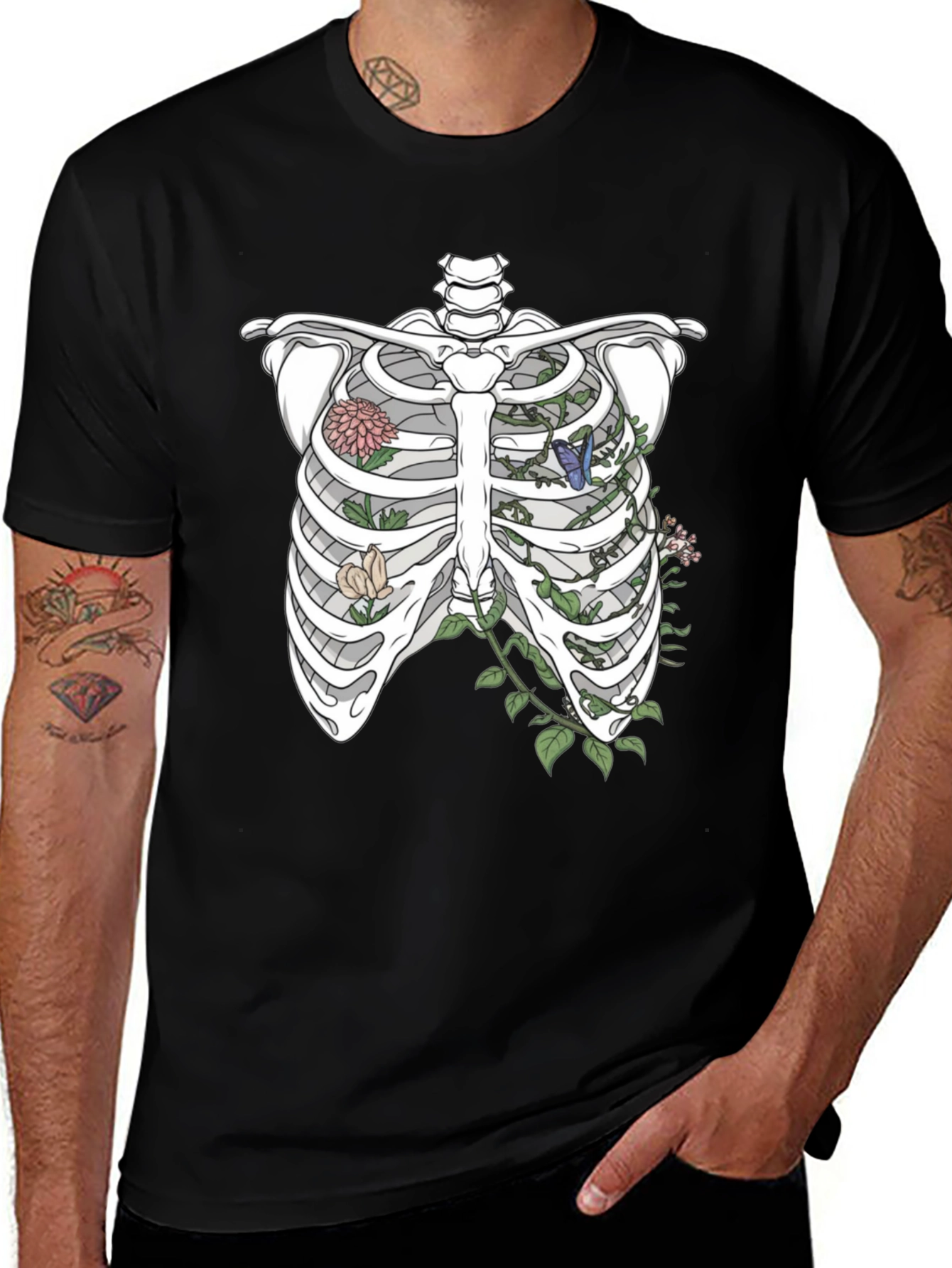 Variant 25 of Floral Rib Cage Print T-Shirt - Unique Graphic Tee