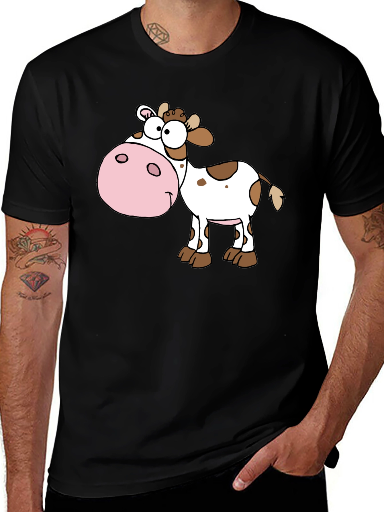 Variant 24 of Cartoon Cow Graphic Tee - Black Cotton Blend Shirt