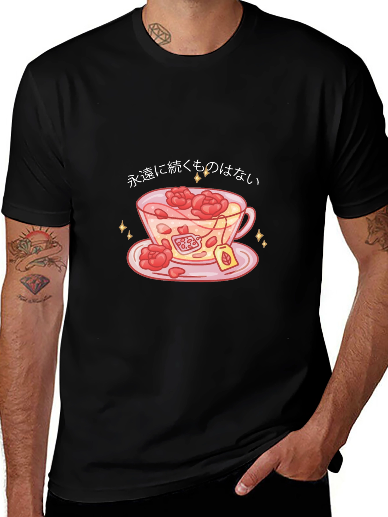 Black T-Shirt with Teacup and Floral Design