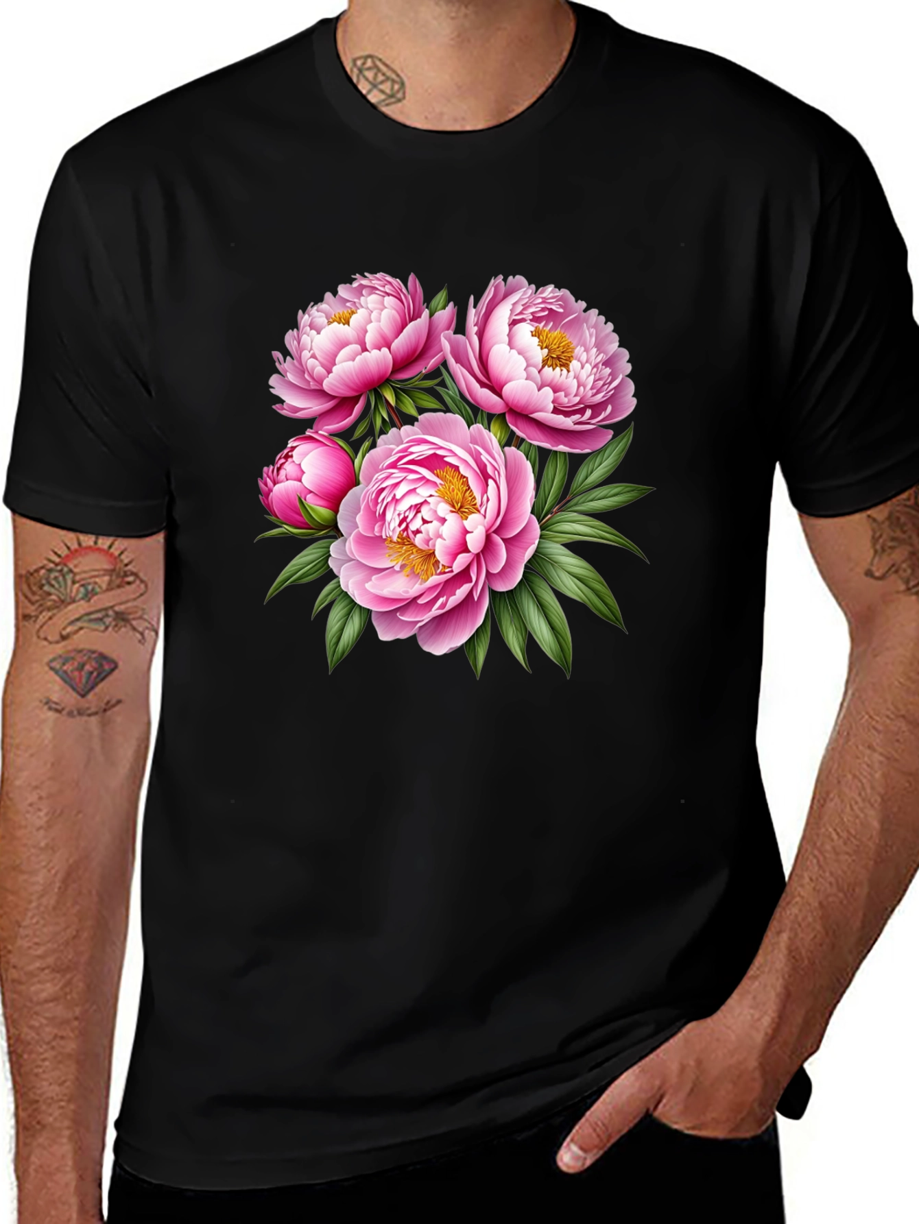 Variant 18 of Floral Peony Print Black T-Shirt