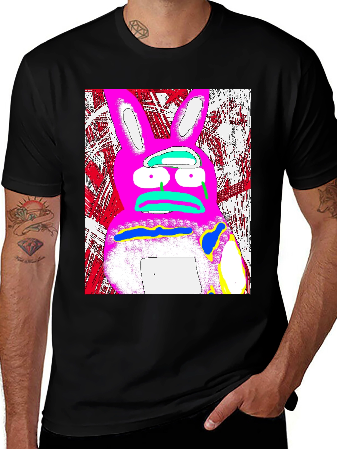 Variant 3 of Distressed Pink Rabbit Graphic Black T-Shirt