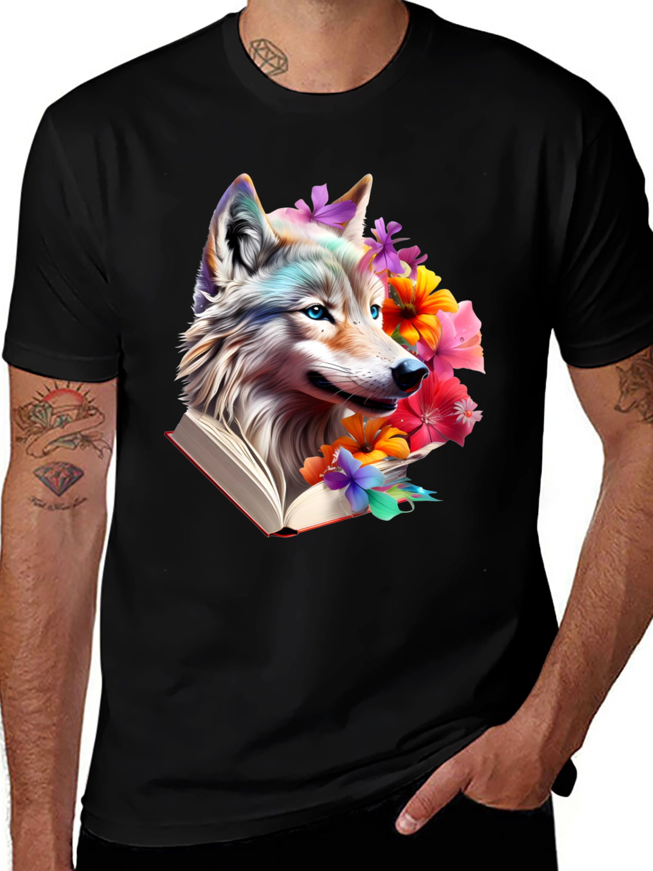 Variant 8 of Wolf & Flowers Graphic Tee - Artistic Black T-Shirt