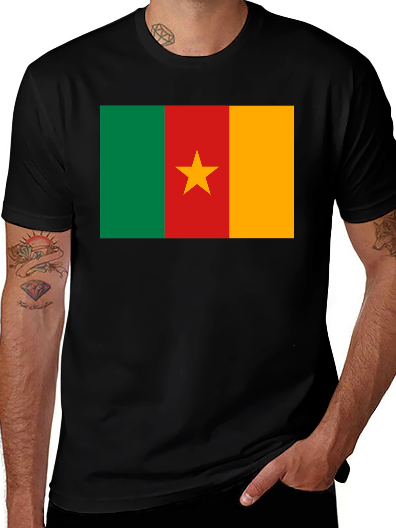 Variant 25 of Cameroon Flag T-Shirt - Black Cotton Tee