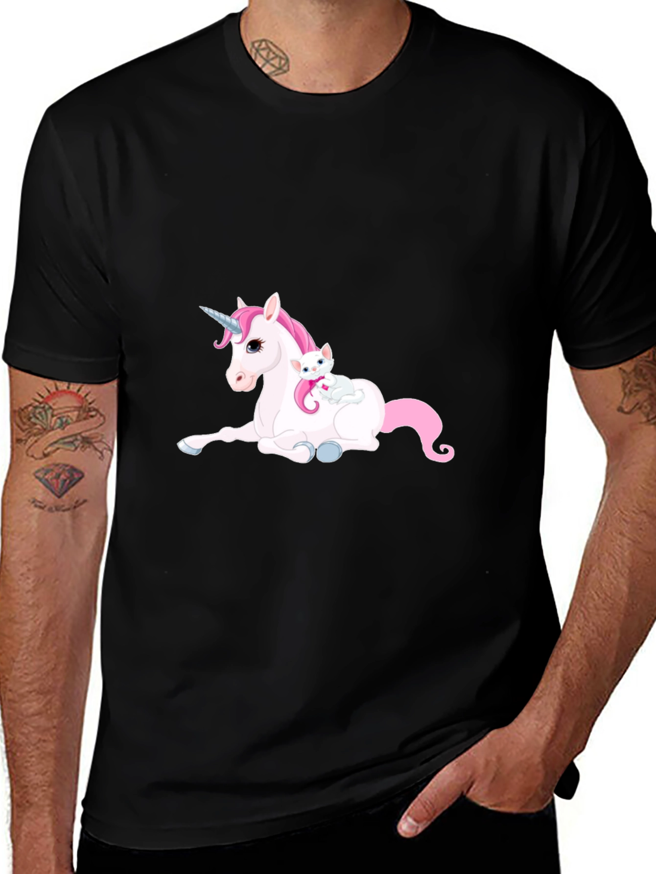Unicorn & Cat Graphic Tee - Black Cotton Comfort