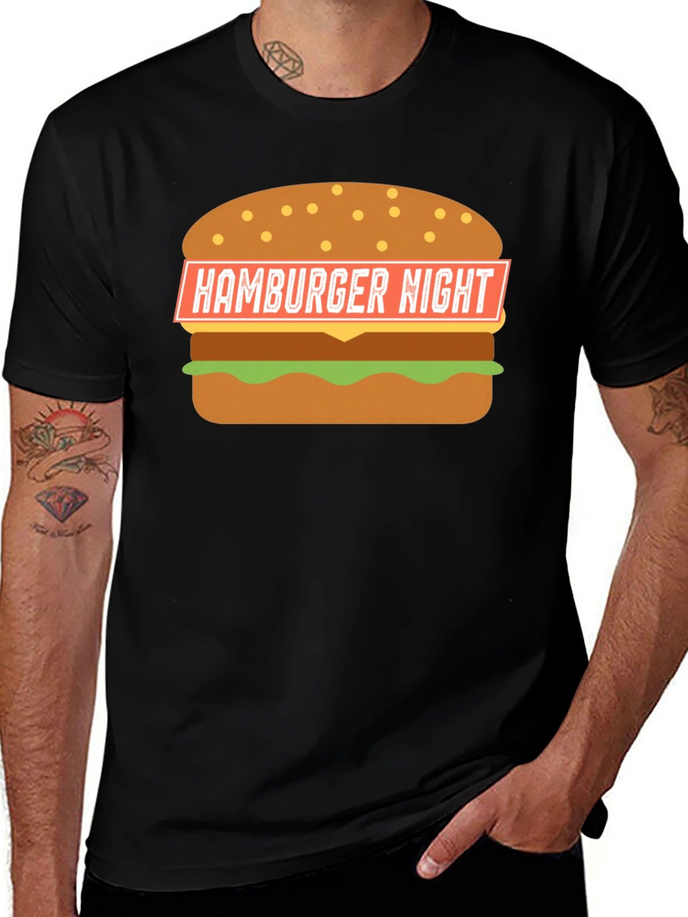 Variant 3 of Hamburger Night Graphic T-Shirt - Black, Fun Design