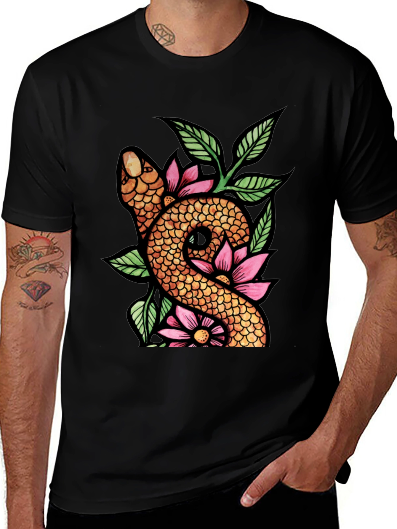 Variant 3 of Snake & Floral Graphic Tee - Black