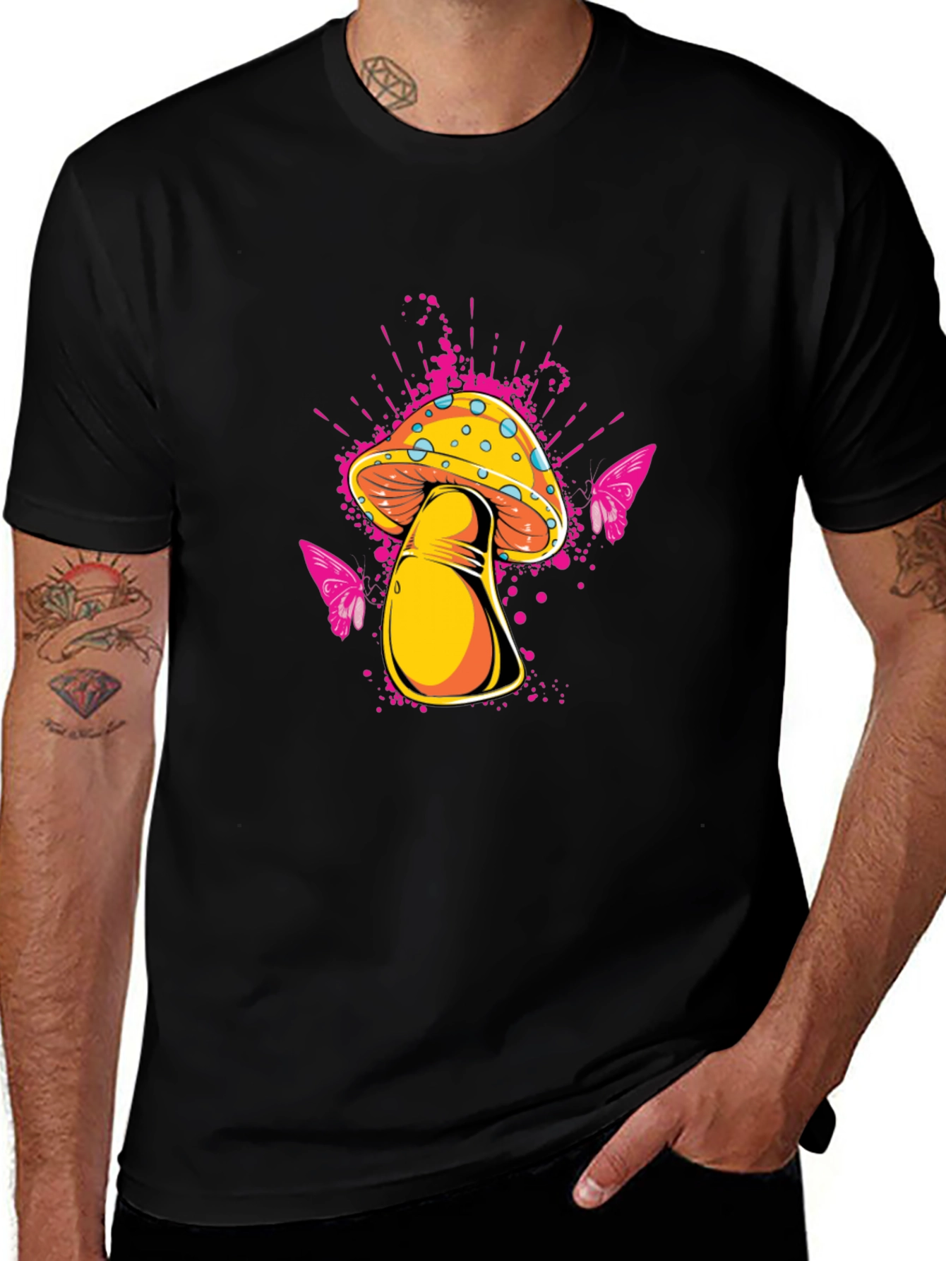 Variant 13 of Mushroom Butterfly Graphic Black T-Shirt