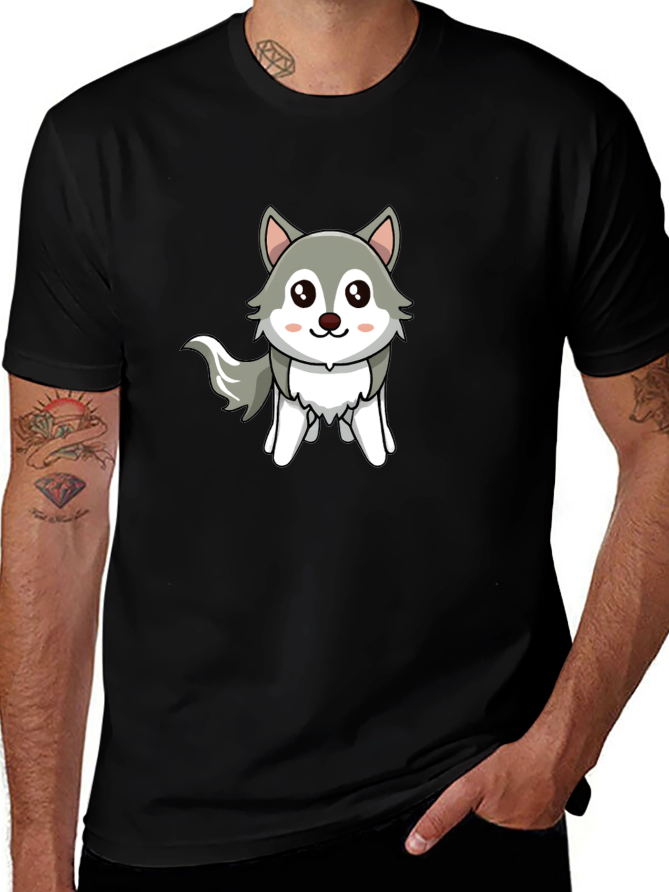 Variant 9 of Cute Cartoon Wolf Graphic Tee - Unisex Black T-Shirt