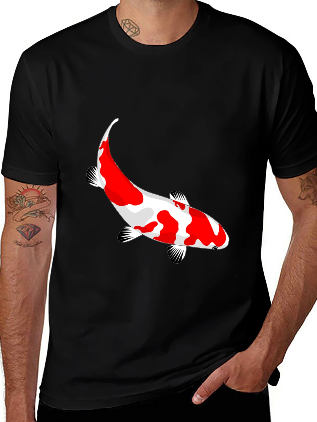 Variant 22 of Koi Fish Graphic Tee - Black Cotton Blend Casual Shirt