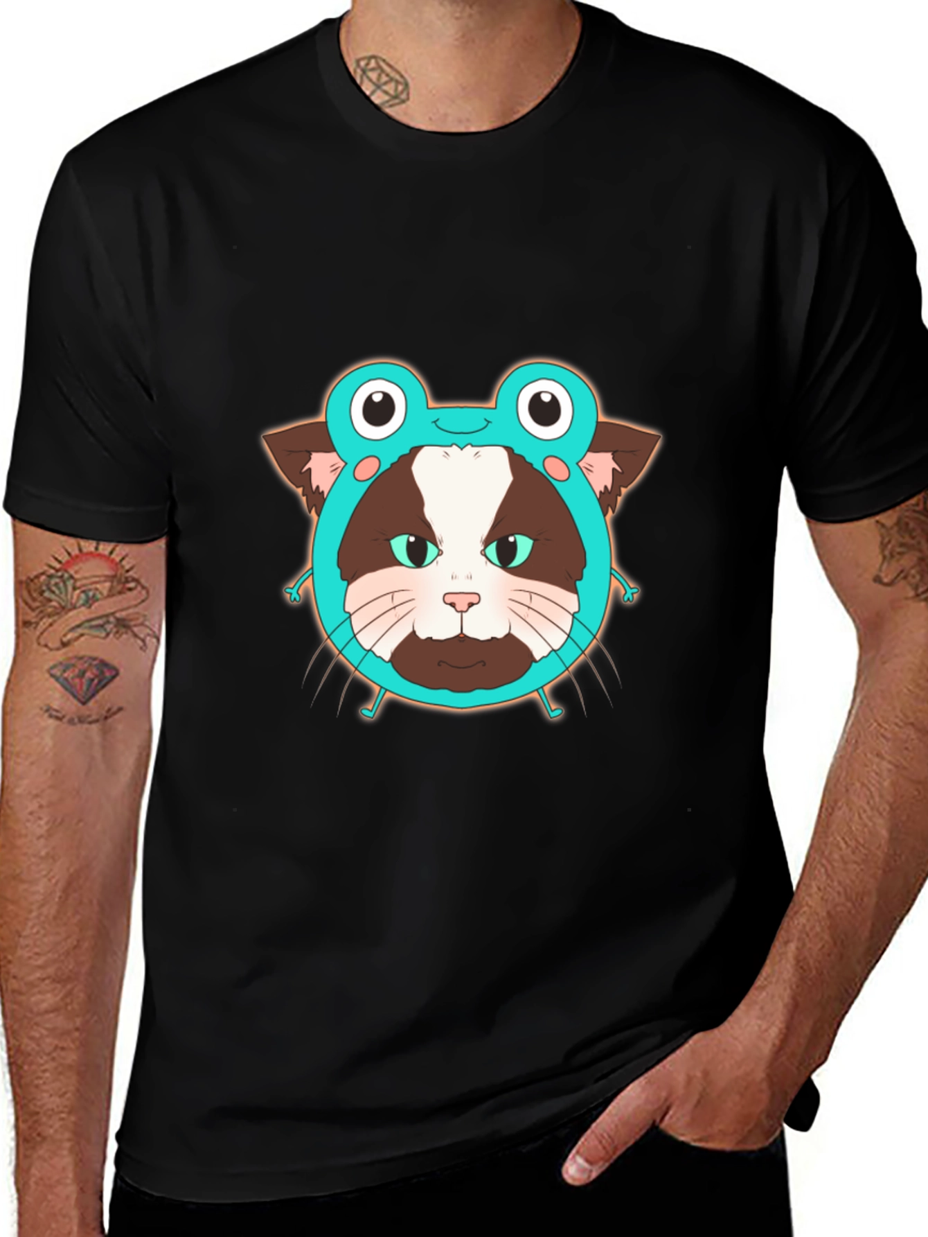 Variant 2 of Funny Cat in Frog Hat Graphic Tee - Black