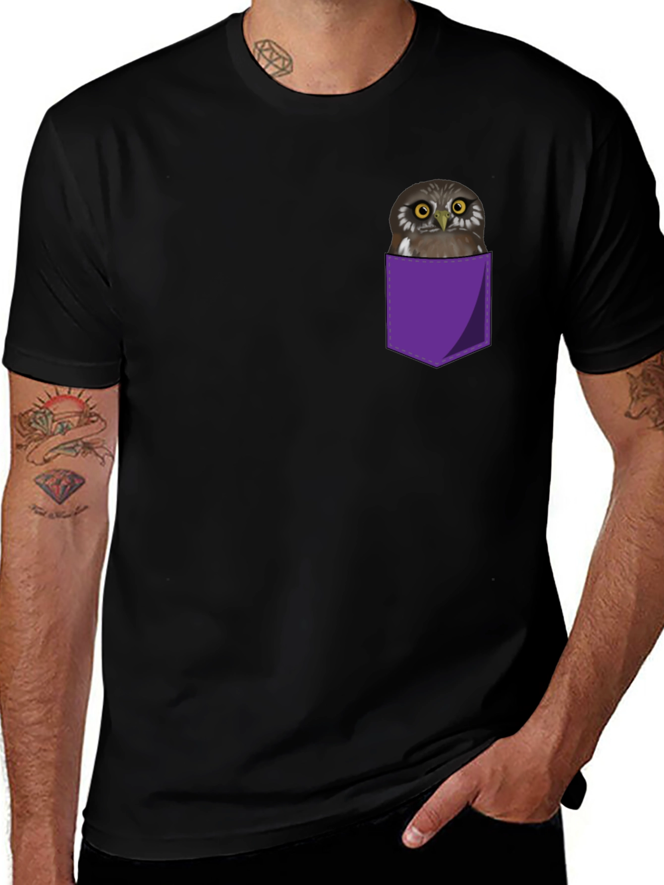 Variant 11 of Owl in Pocket T-Shirt - Men's Black Tee