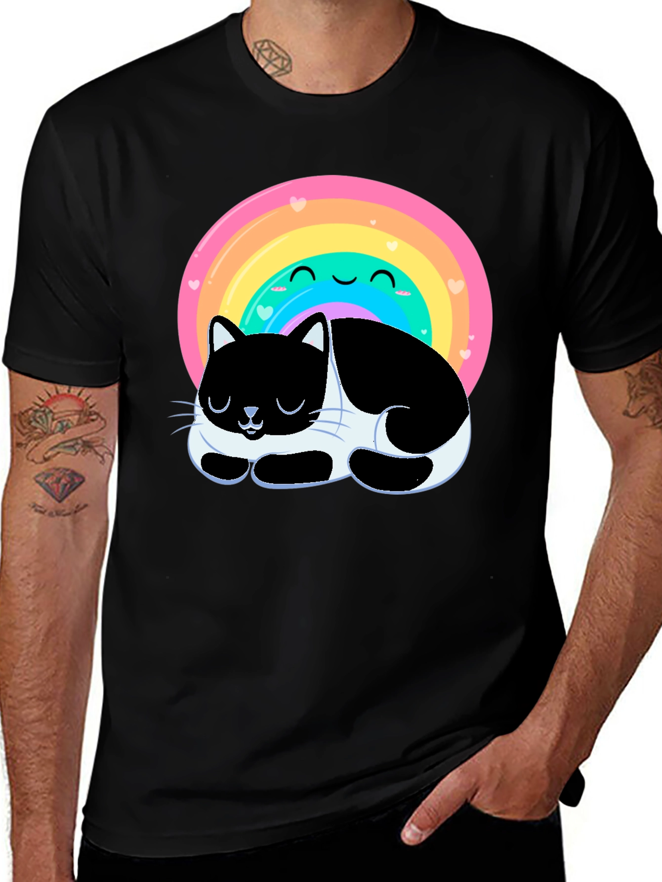 Variant 7 of Cute Cat Rainbow Graphic Tee - Black T-Shirt