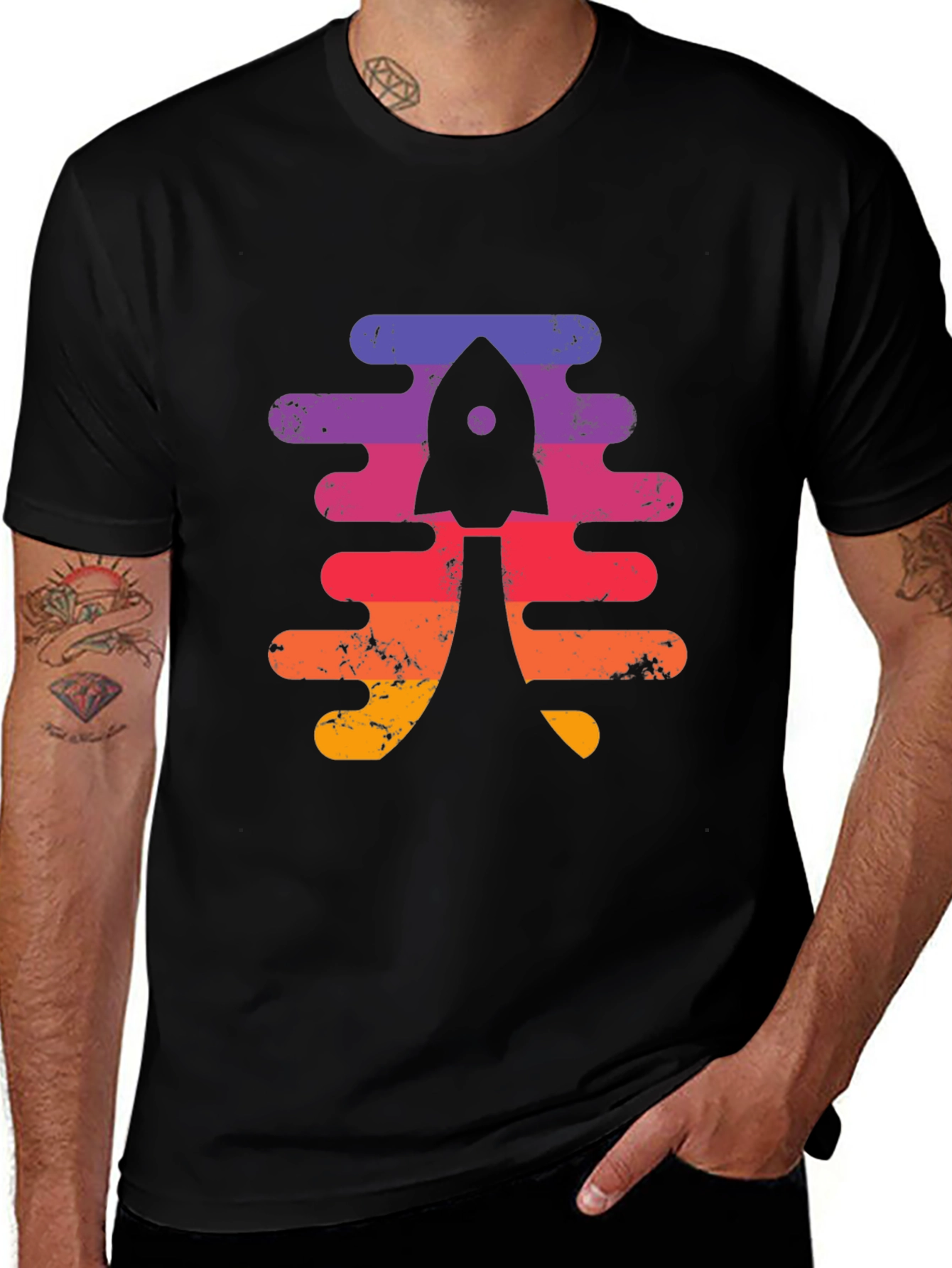 Retro Rocket Launch Graphic Tee - Black Cotton Shirt