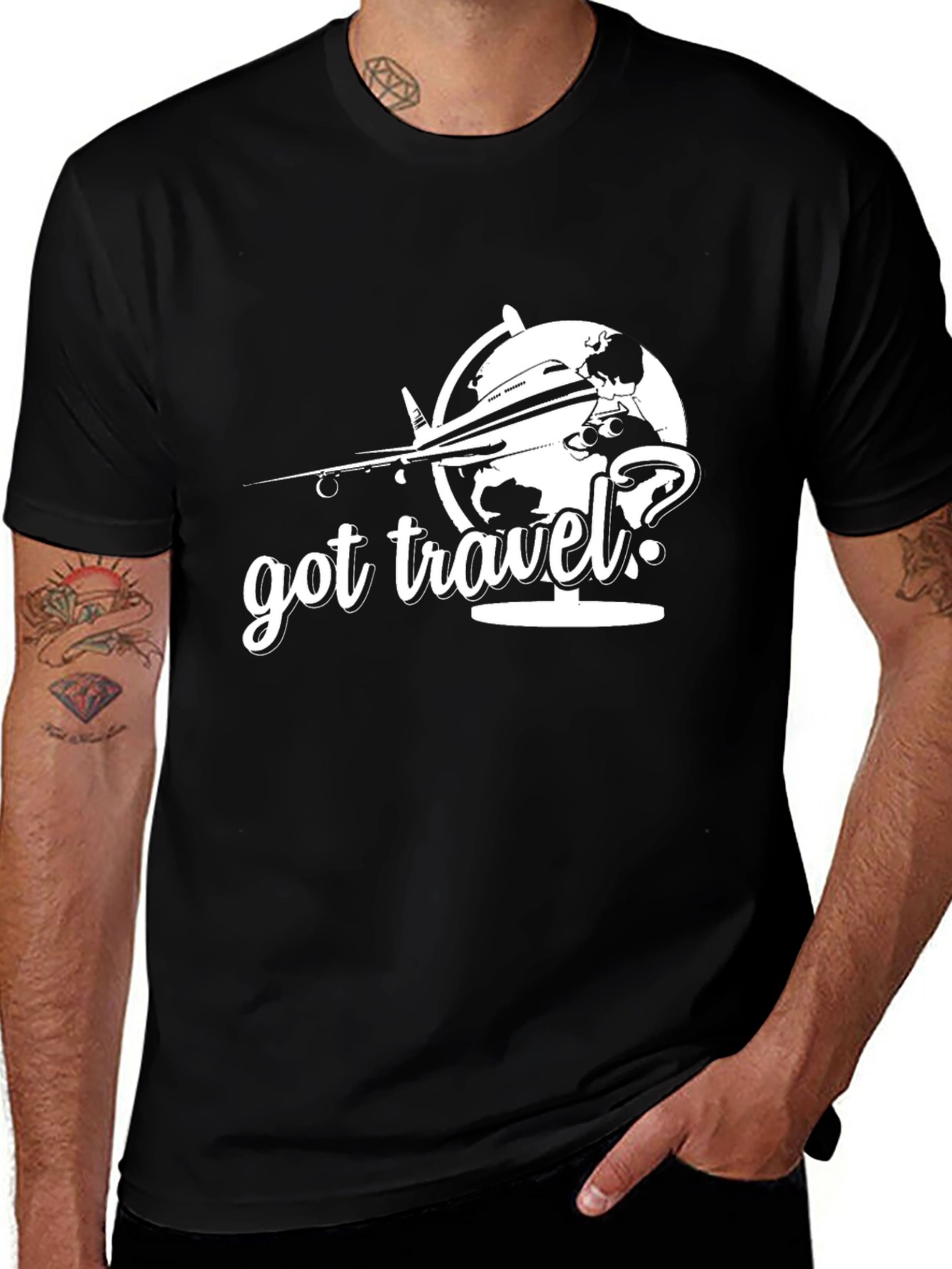 Variant 11 of Got Travel? Black T-Shirt Globe Airplane Design