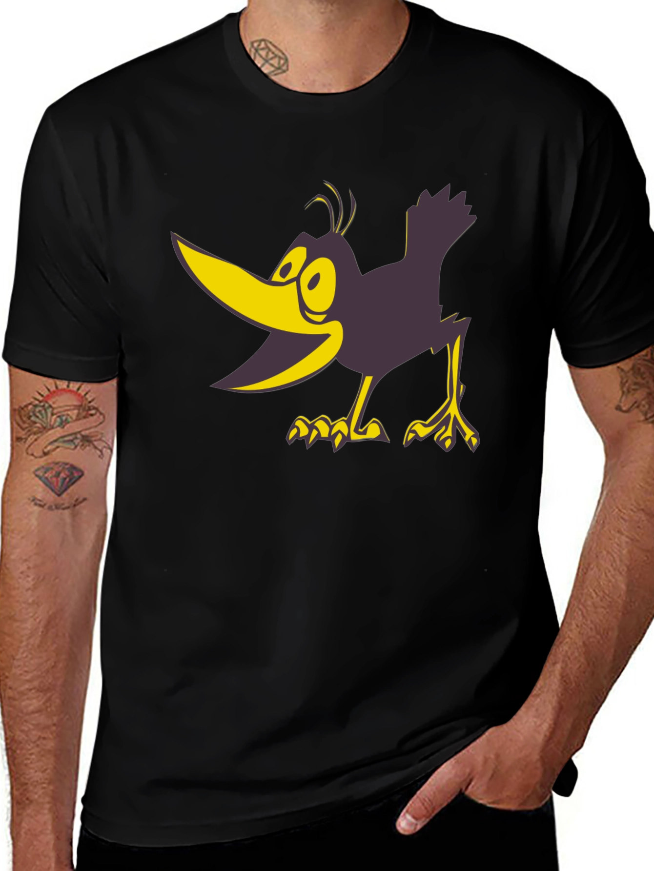 Variant 8 of Cartoon Crow Graphic Tee - Black Crew Neck