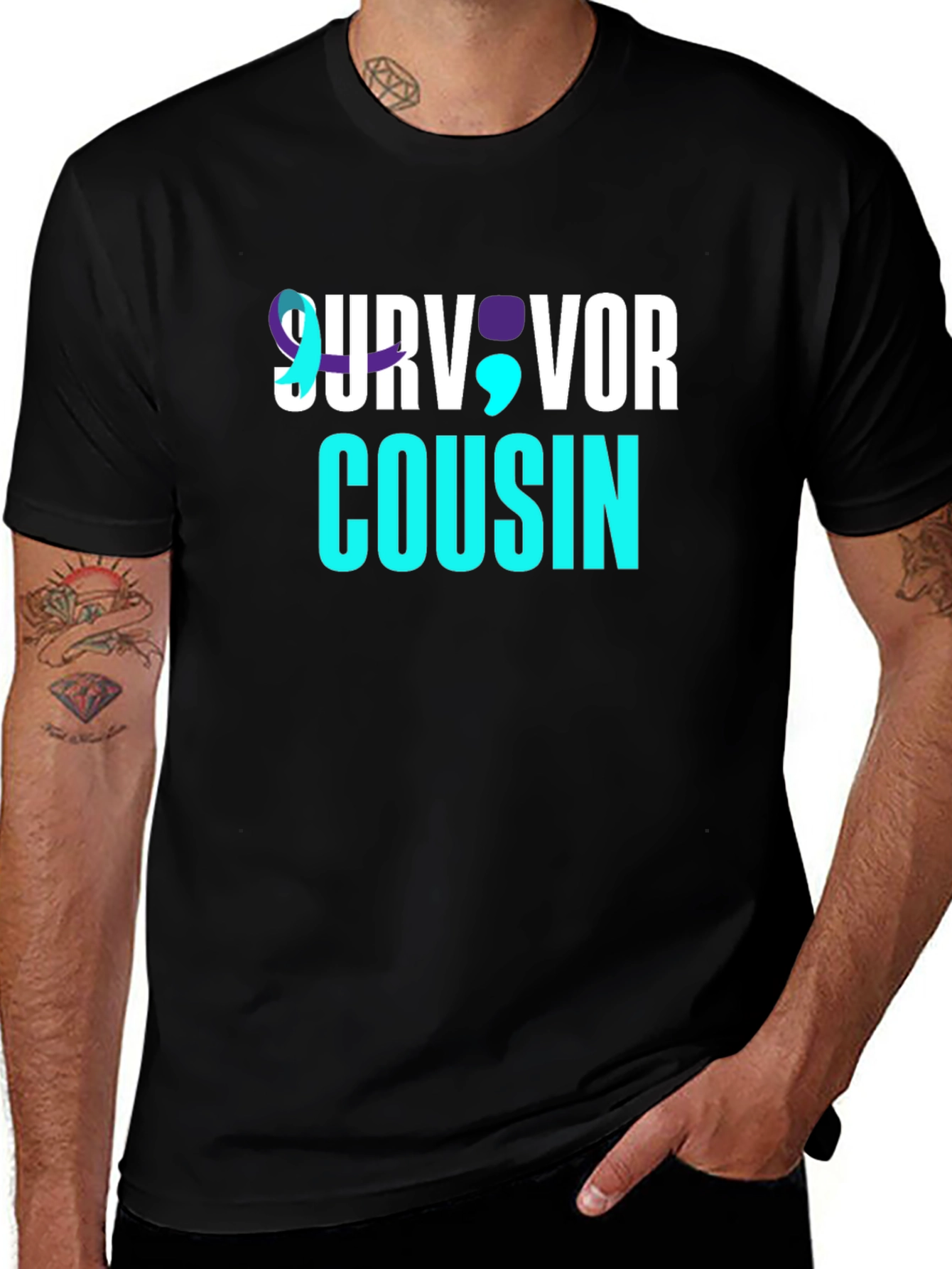 Survivor Cousin T-Shirt - Teal & Purple Ribbon Awareness