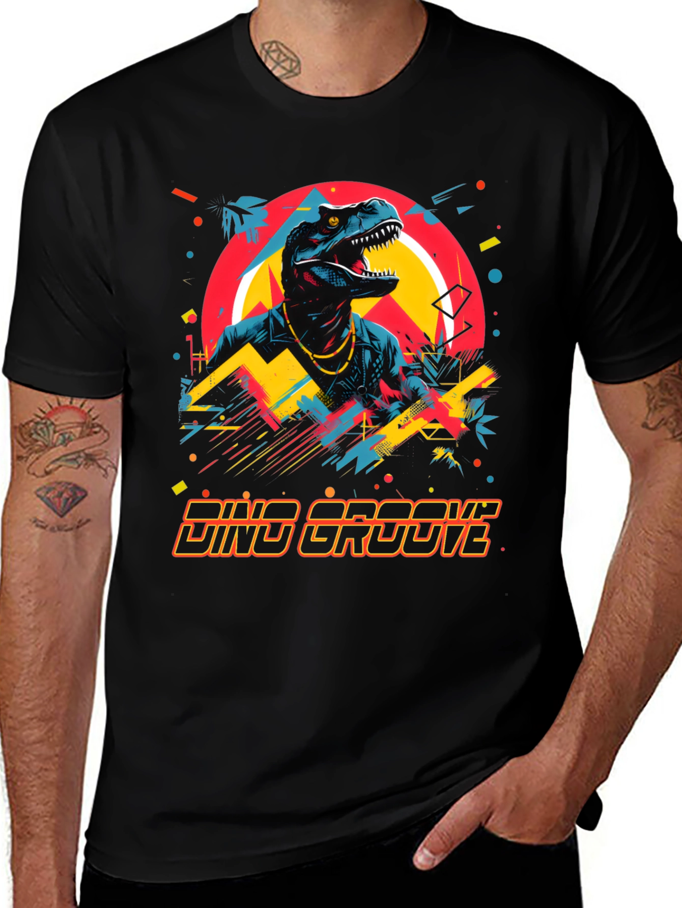 Variant 14 of Dino Groove Graphic Tee - Retro Dinosaur Design