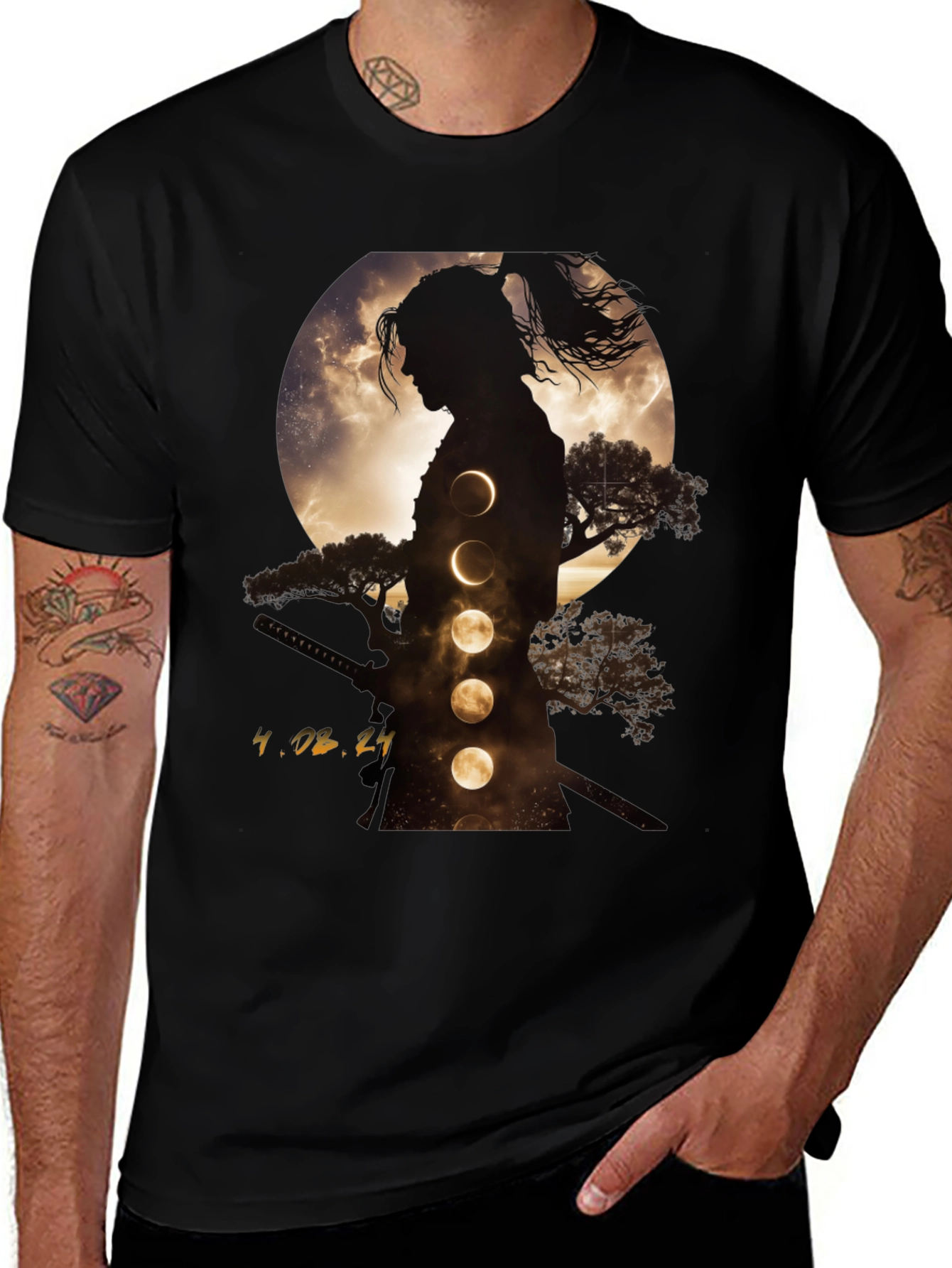 Variant 19 of Samurai Moon Phase Graphic Tee - Stylish Black T-Shirt