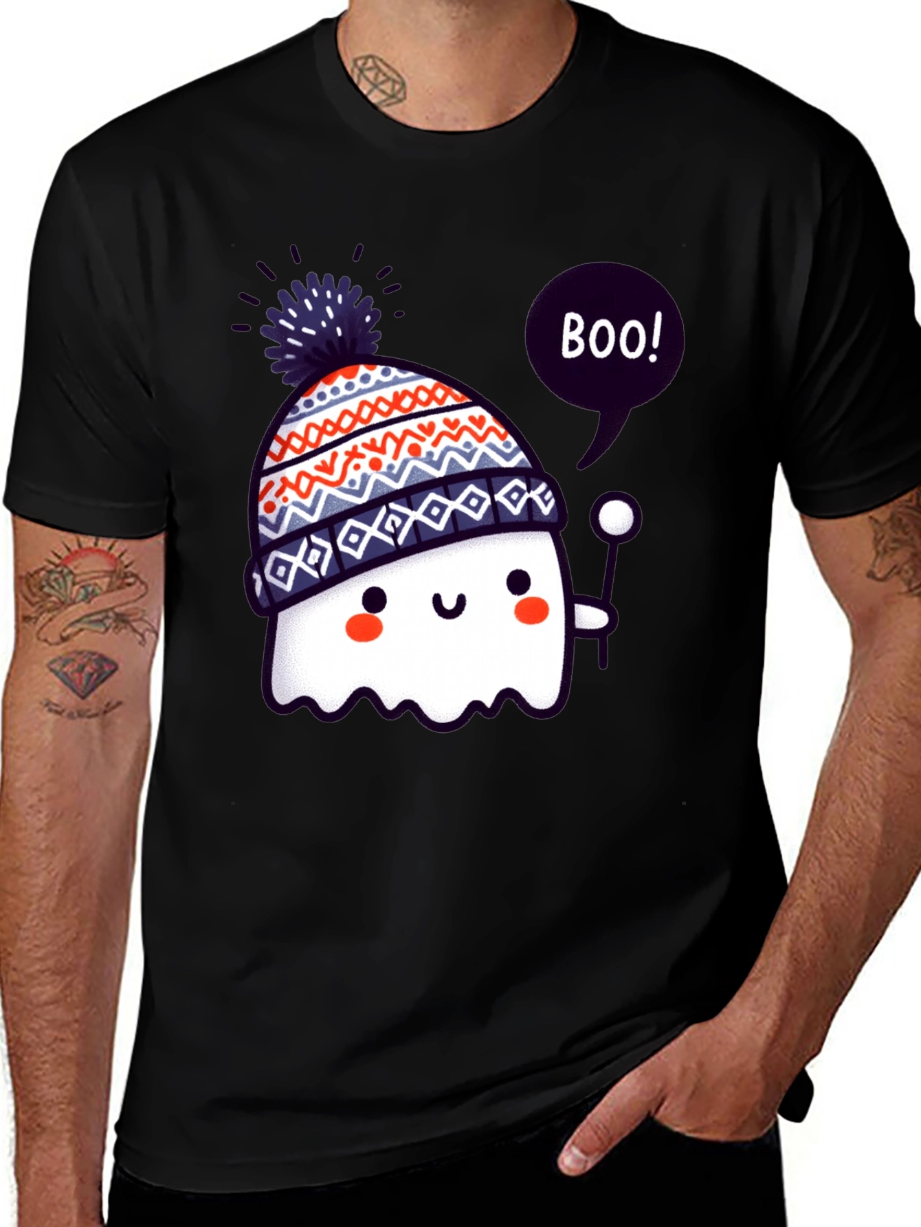 Variant 29 of Cute Ghost in Beanie Black T-Shirt