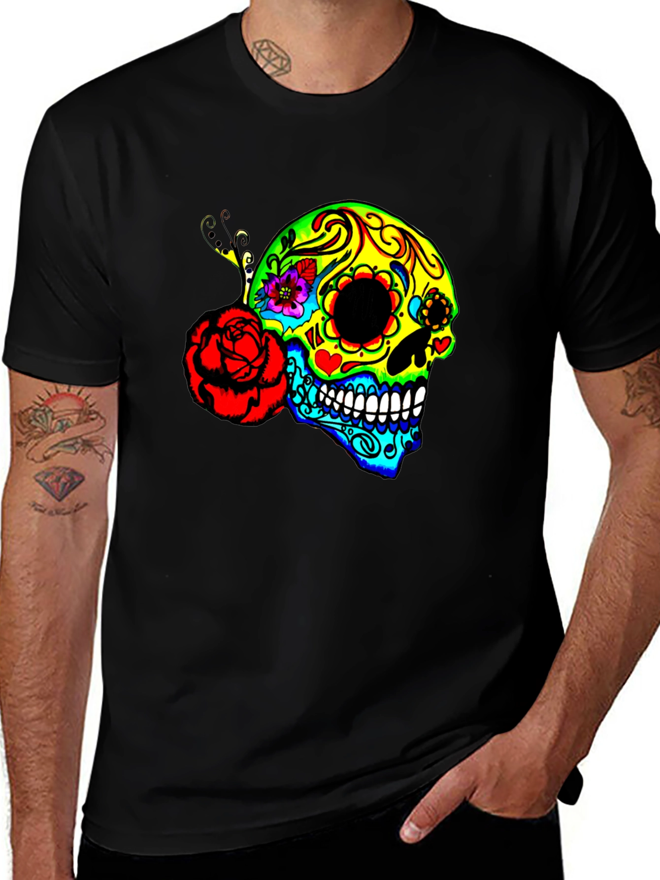 Variant 27 of Vibrant Sugar Skull Graphic Tee - Day of the Dead Style