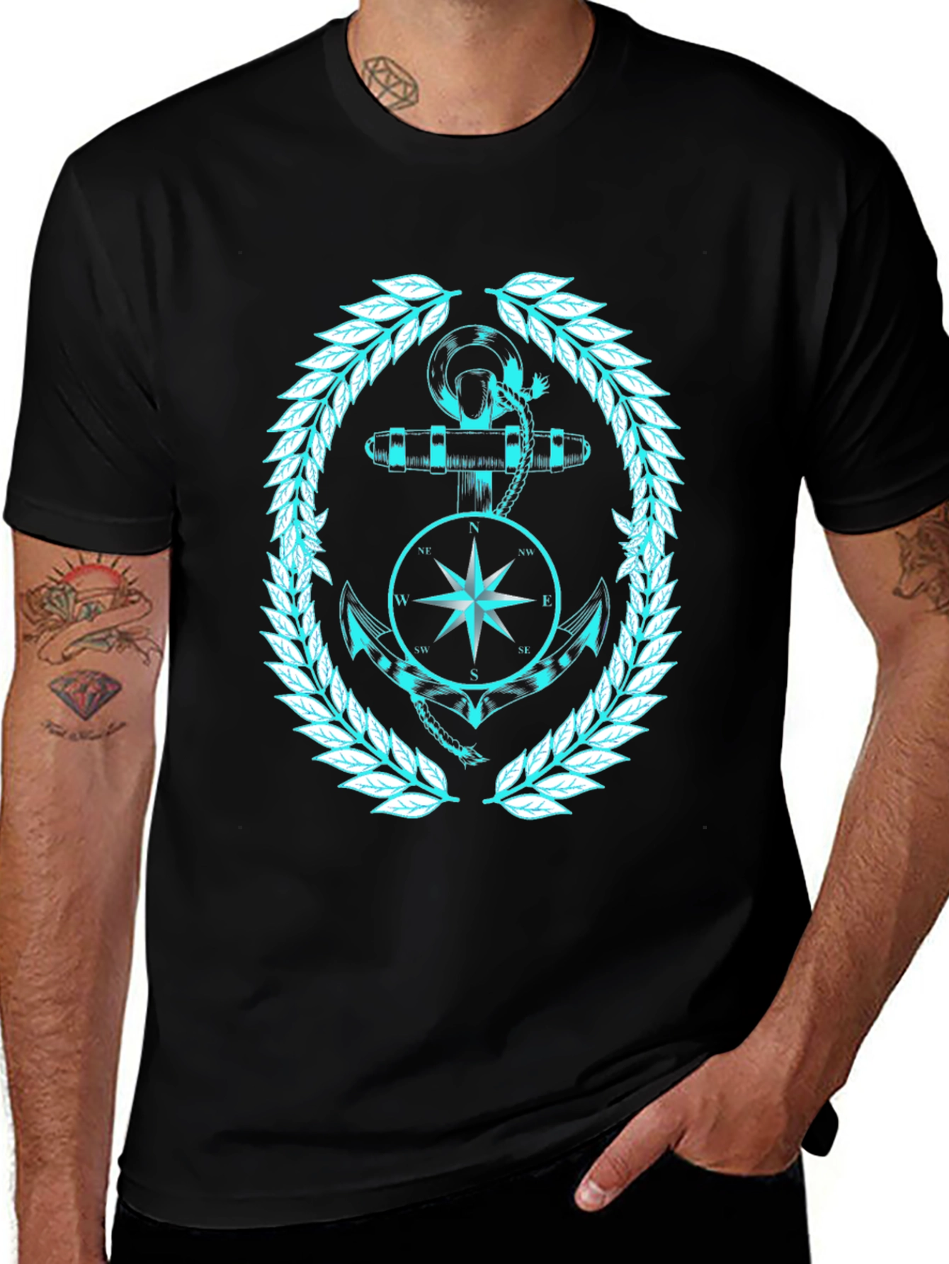 Variant 16 of Nautical Anchor & Compass Graphic Black T-Shirt