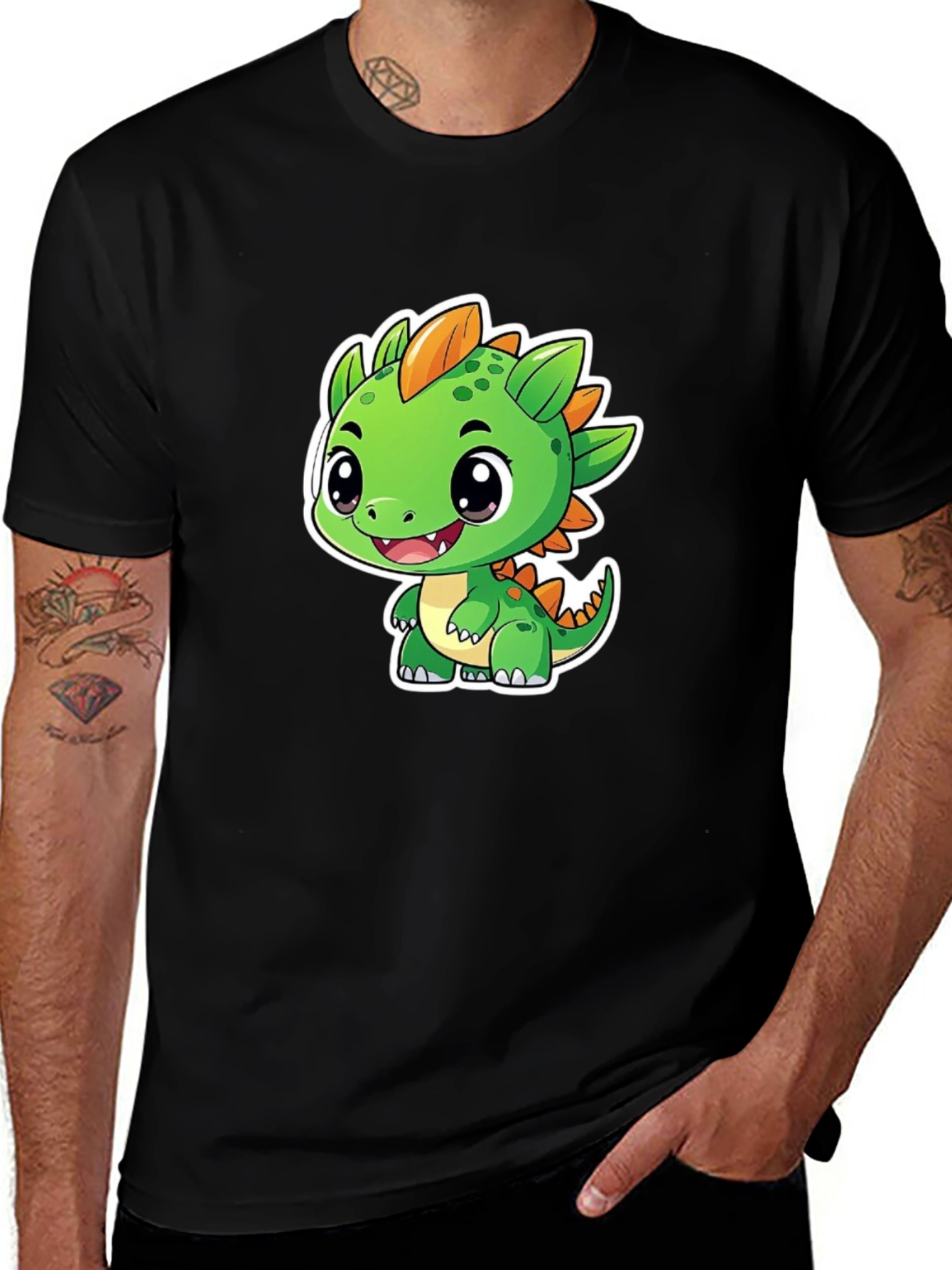 Variant 10 of Cute Cartoon Dinosaur Graphic Tee - Black